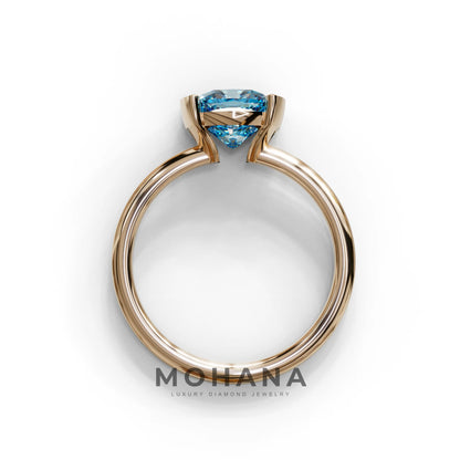 2 Carat Blue Cushion Diamond Ring - Half Bezel Set Ring - Remi