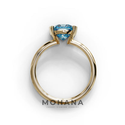 2 Carat Blue Cushion Diamond Ring - Half Bezel Set Ring - Remi