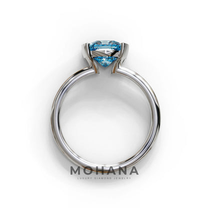 2 Carat Blue Cushion Diamond Ring - Half Bezel Set Ring - Remi