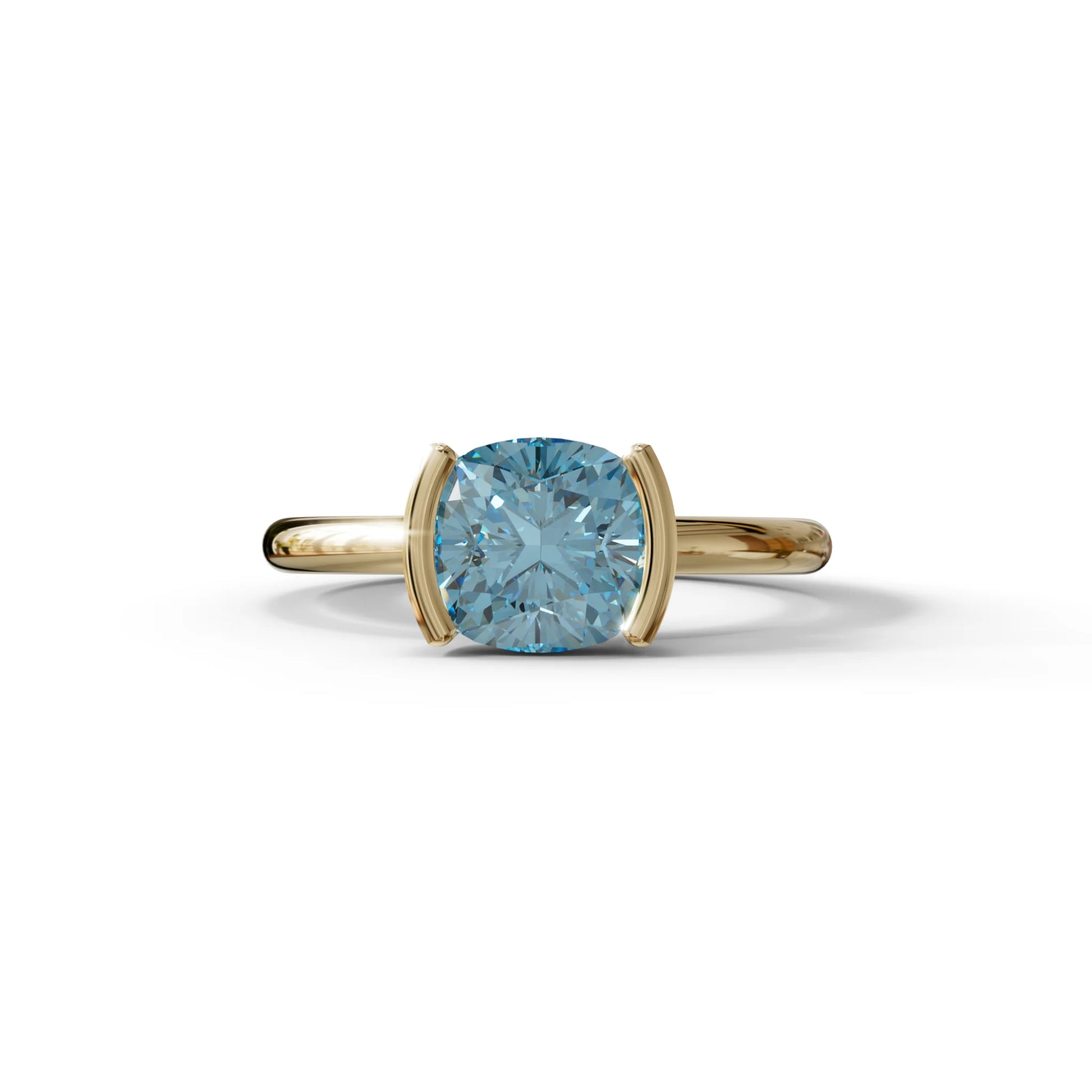 2 Carat Blue Cushion Diamond Ring - Half Bezel Set Ring - Remi - 10K Solid Gold / Yellow Gold