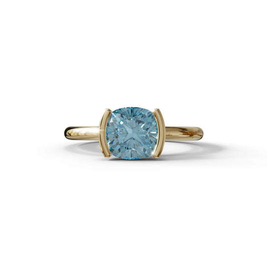 2 Carat Blue Cushion Diamond Ring - Half Bezel Set Ring - Remi - 10K Solid Gold / Yellow Gold