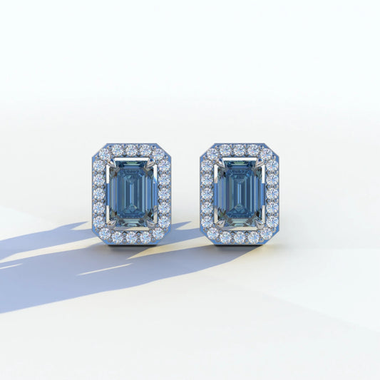 2 Carat Blue Emerald Cut Halo Setting Lab Diamond Stud Earrings - Hailey - 10K Solid Gold / White Gold