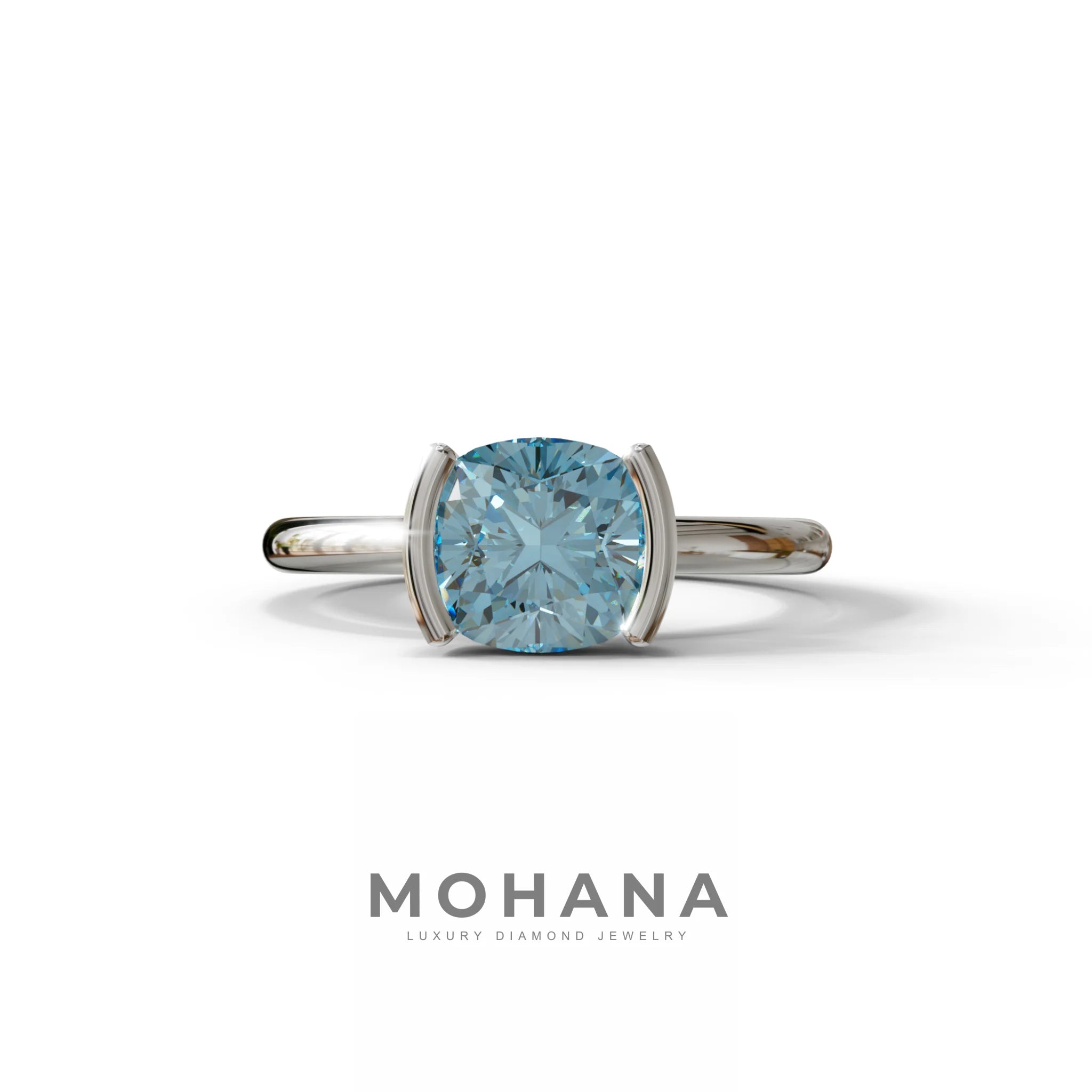2 Carat Blue Cushion Diamond Ring - Half Bezel Set Ring - Remi - 10K Solid Gold / White Gold