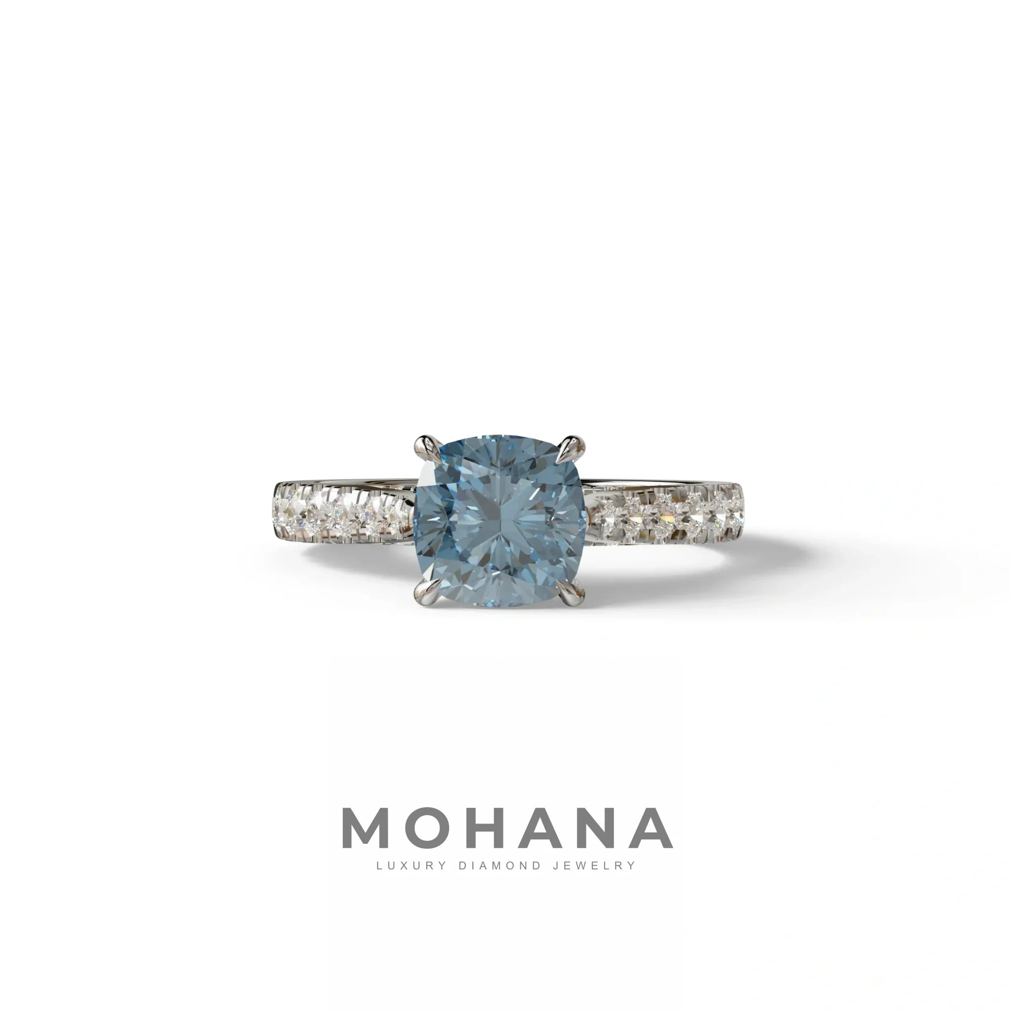 2 Carat Blue Color Cushion Cut Lab Diamond Engagement Ring set - Leo - 10K Solid Gold / White Gold