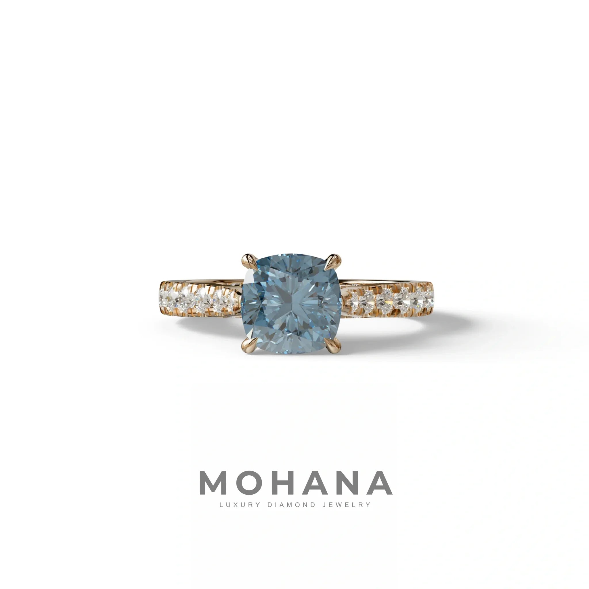 2 Carat Blue Color Cushion Cut Lab Diamond Engagement Ring set - Leo - 10K Solid Gold / Rose Gold