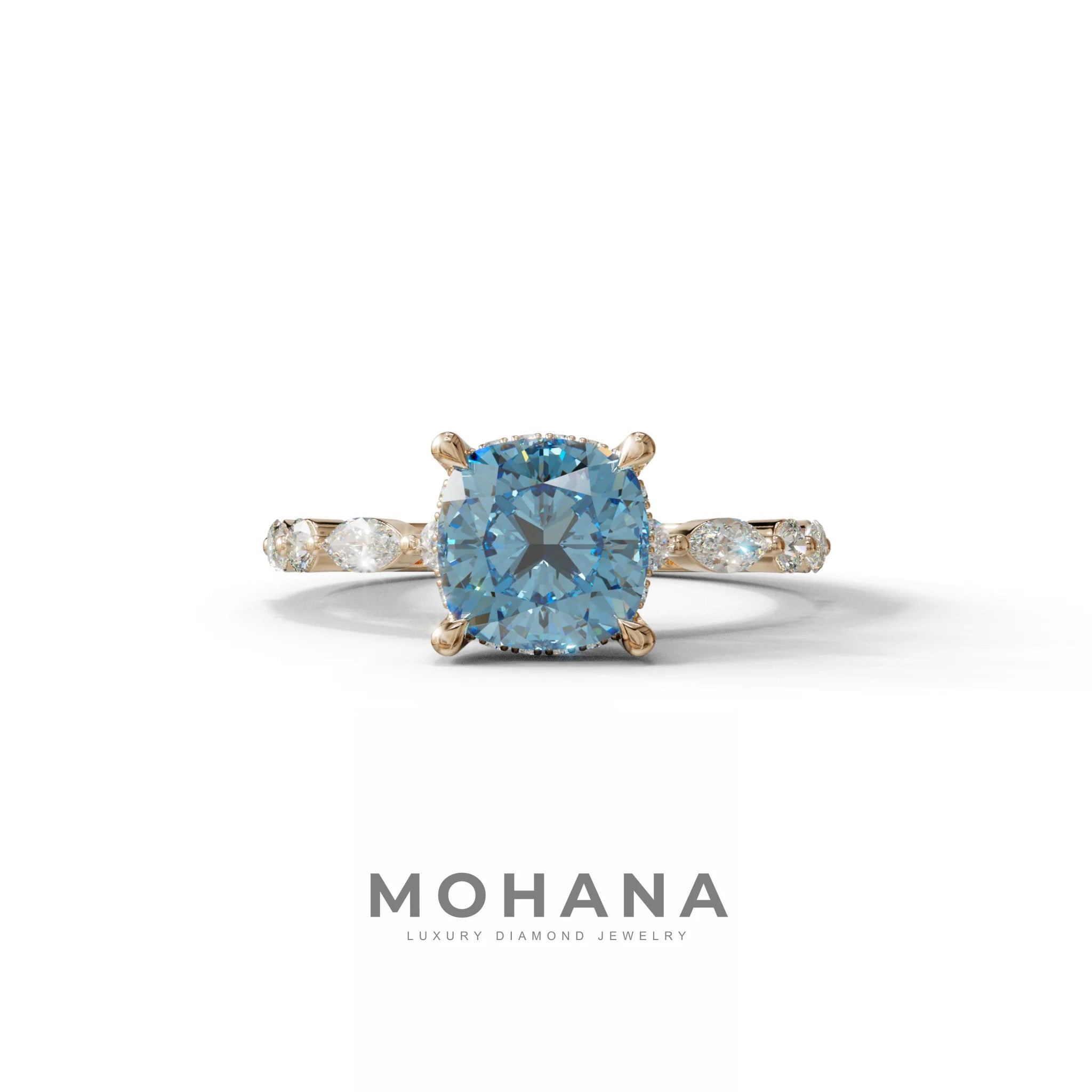 2 Carat Blue Cushion Cut Hidden Halo & Pave Lab Diamond Ring - Daisy - 10K Solid Gold / Rose Gold
