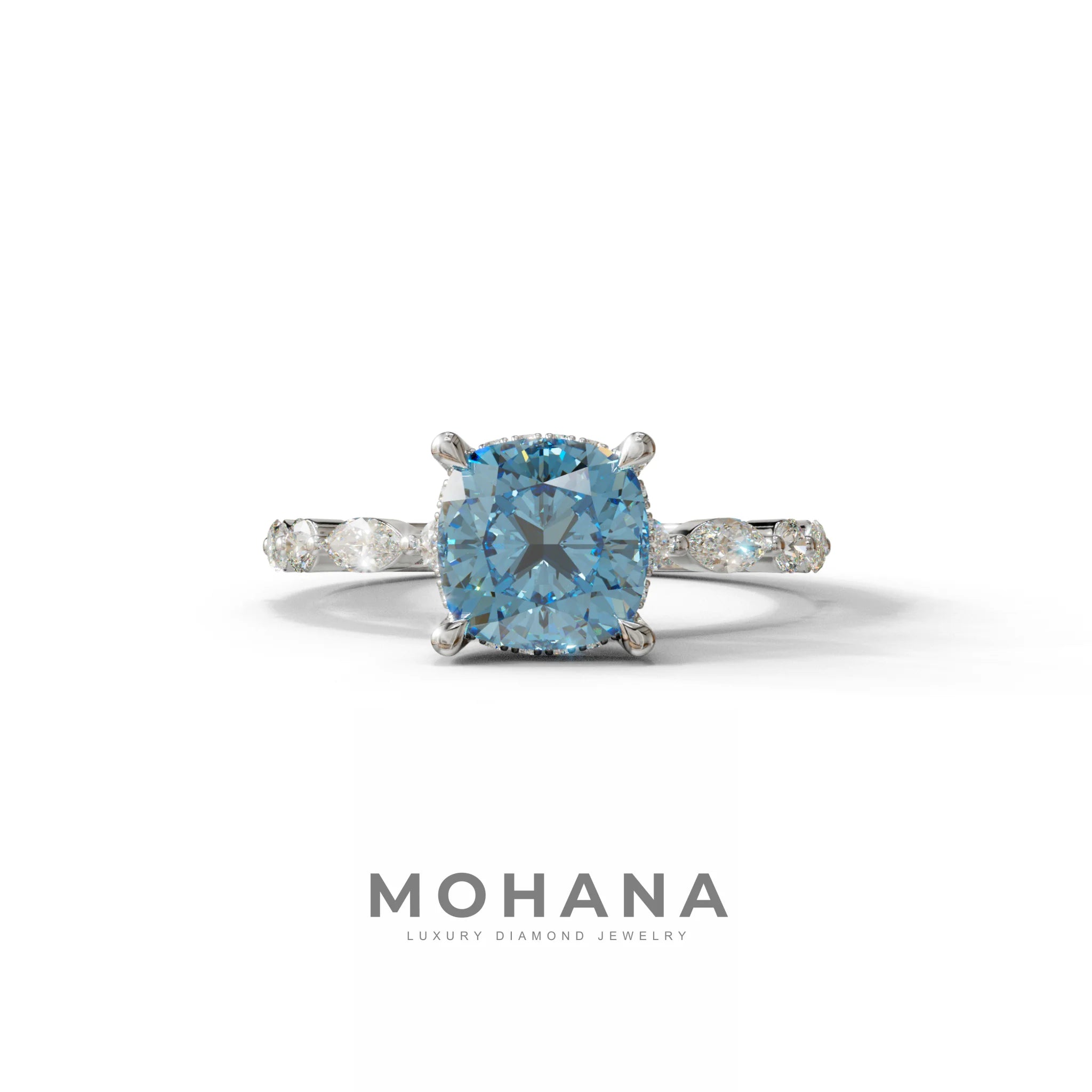 2 Carat Blue Cushion Cut Hidden Halo & Pave Lab Diamond Ring - Daisy - 10K Solid Gold / White Gold