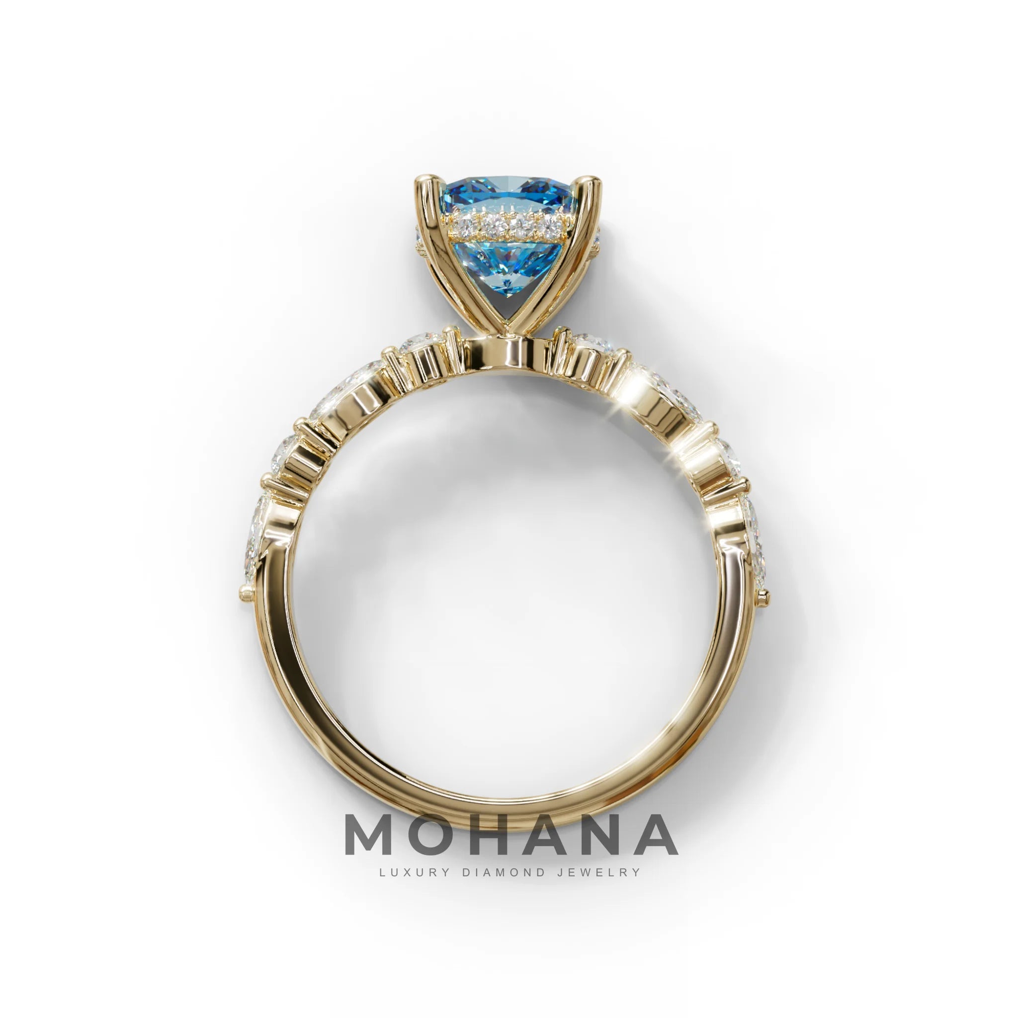 2 Carat Blue Cushion Cut Hidden Halo & Pave Lab Diamond Ring - Daisy