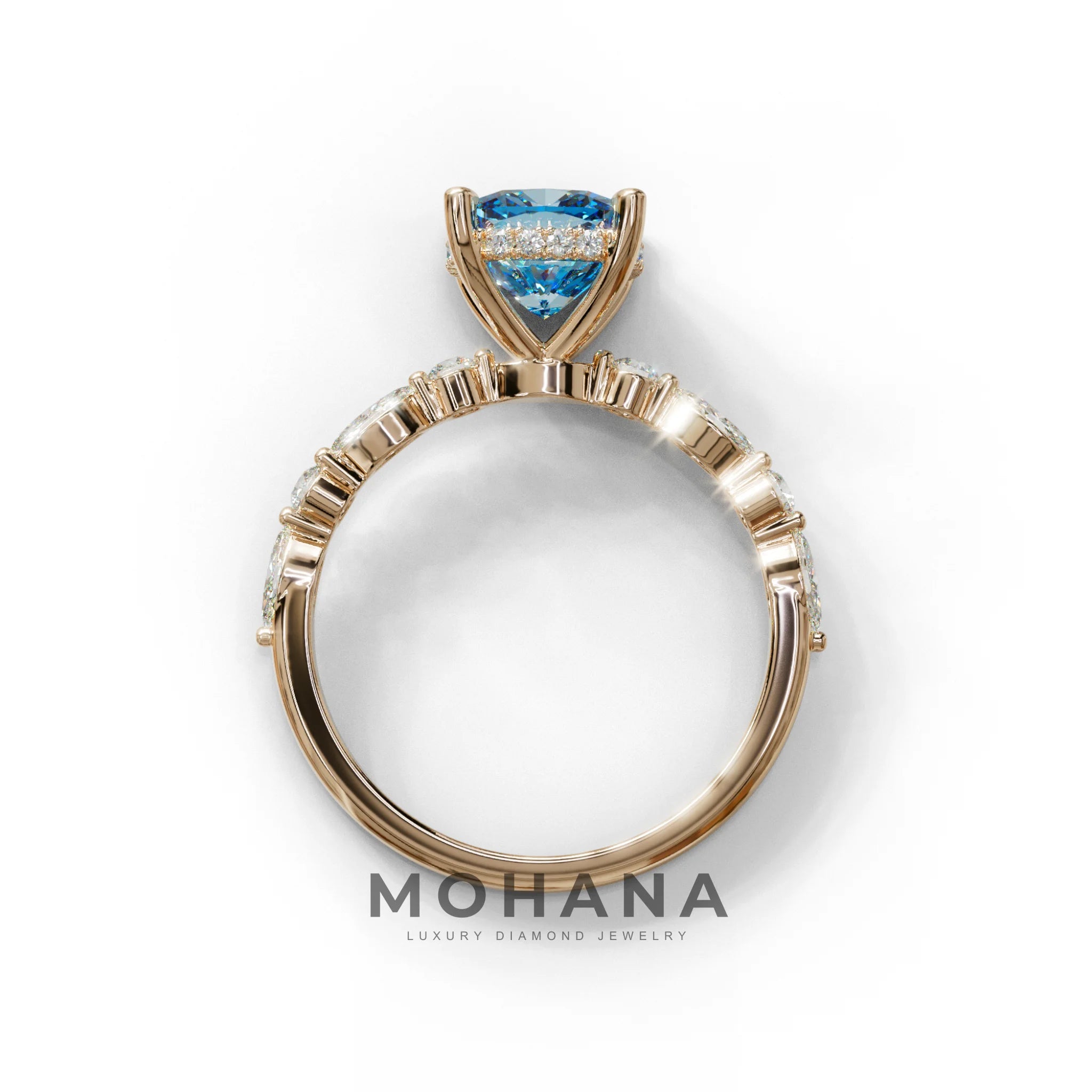 2 Carat Blue Cushion Cut Hidden Halo & Pave Lab Diamond Ring - Daisy