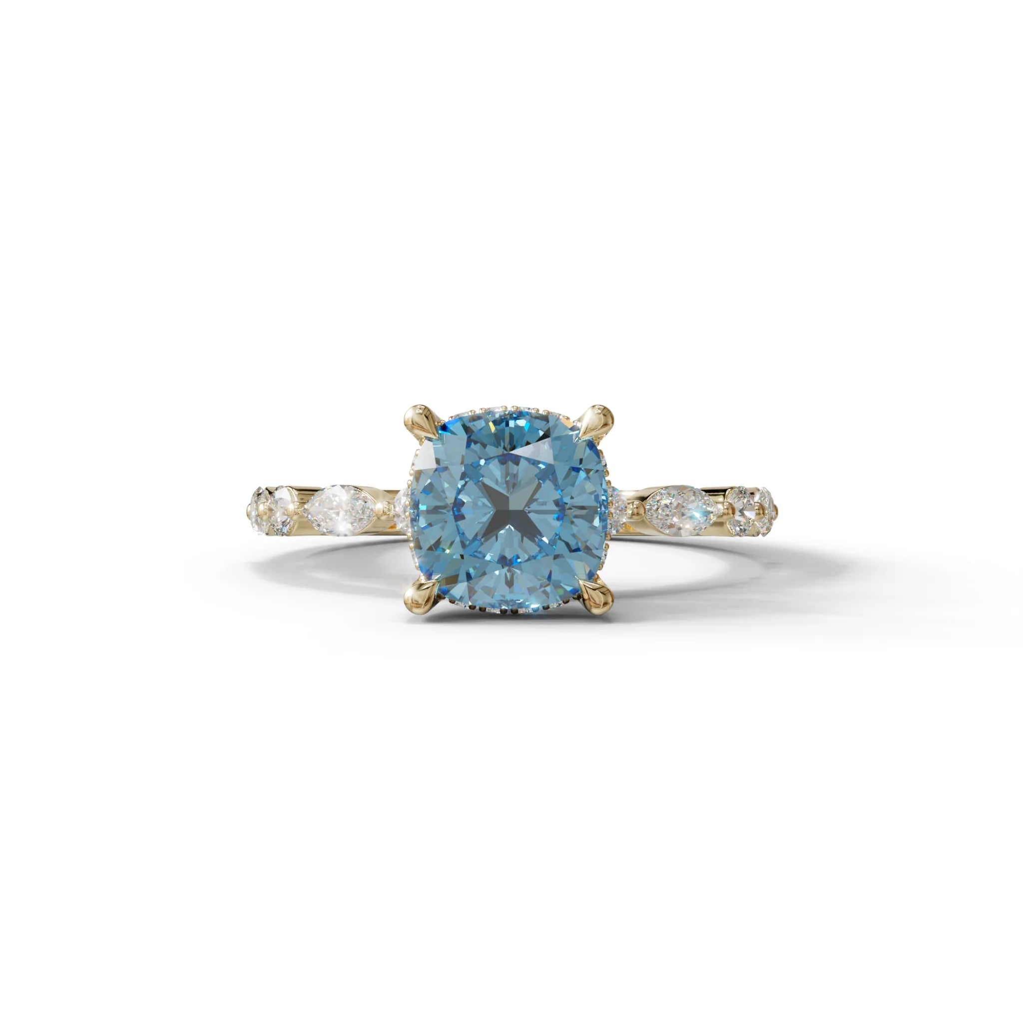 2 Carat Blue Cushion Cut Hidden Halo & Pave Lab Diamond Ring - Daisy - 10K Solid Gold / Yellow Gold