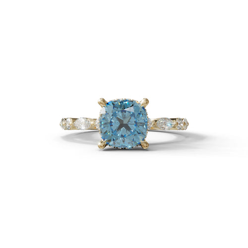 2 Carat Blue Cushion Cut Hidden Halo & Pave Lab Diamond Ring - Daisy - 10K Solid Gold / Yellow Gold
