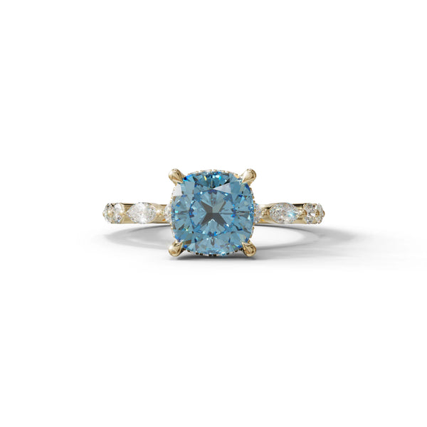 2 Carat Blue Lab Grown Diamond Engagement Ring – Cushion Cut Hidden Halo