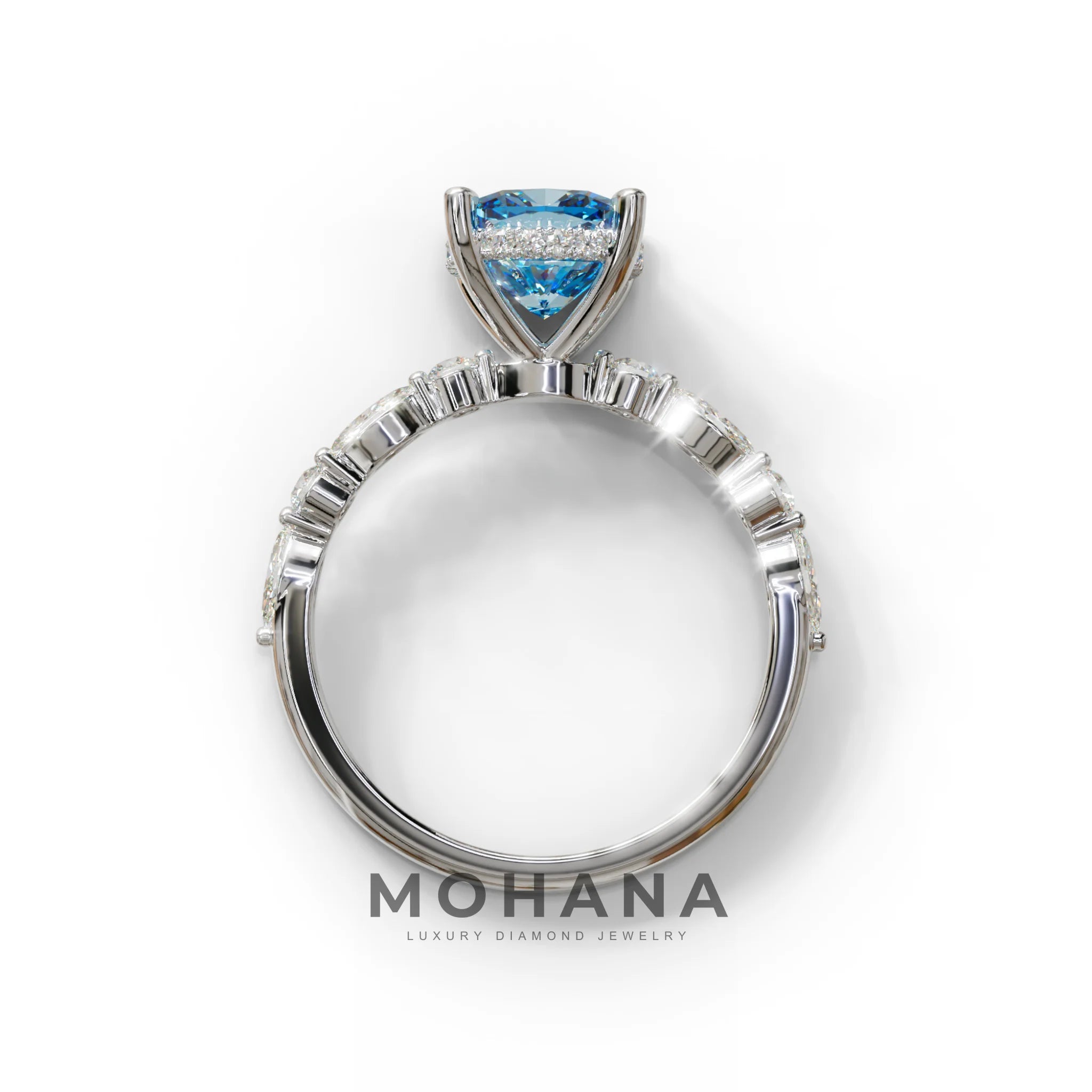 2 Carat Blue Cushion Cut Hidden Halo & Pave Lab Diamond Ring - Daisy