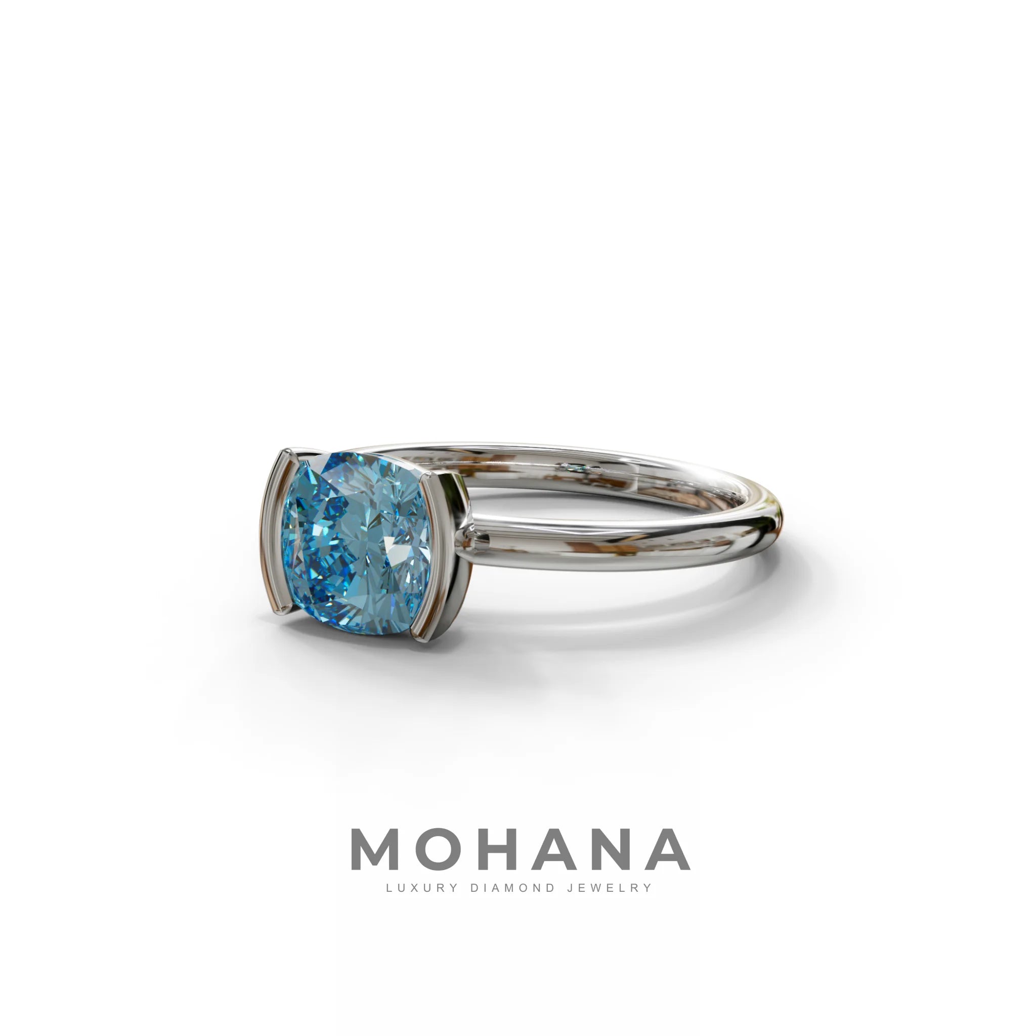 2 Carat Blue Cushion Diamond Ring - Half Bezel Set Ring - Remi
