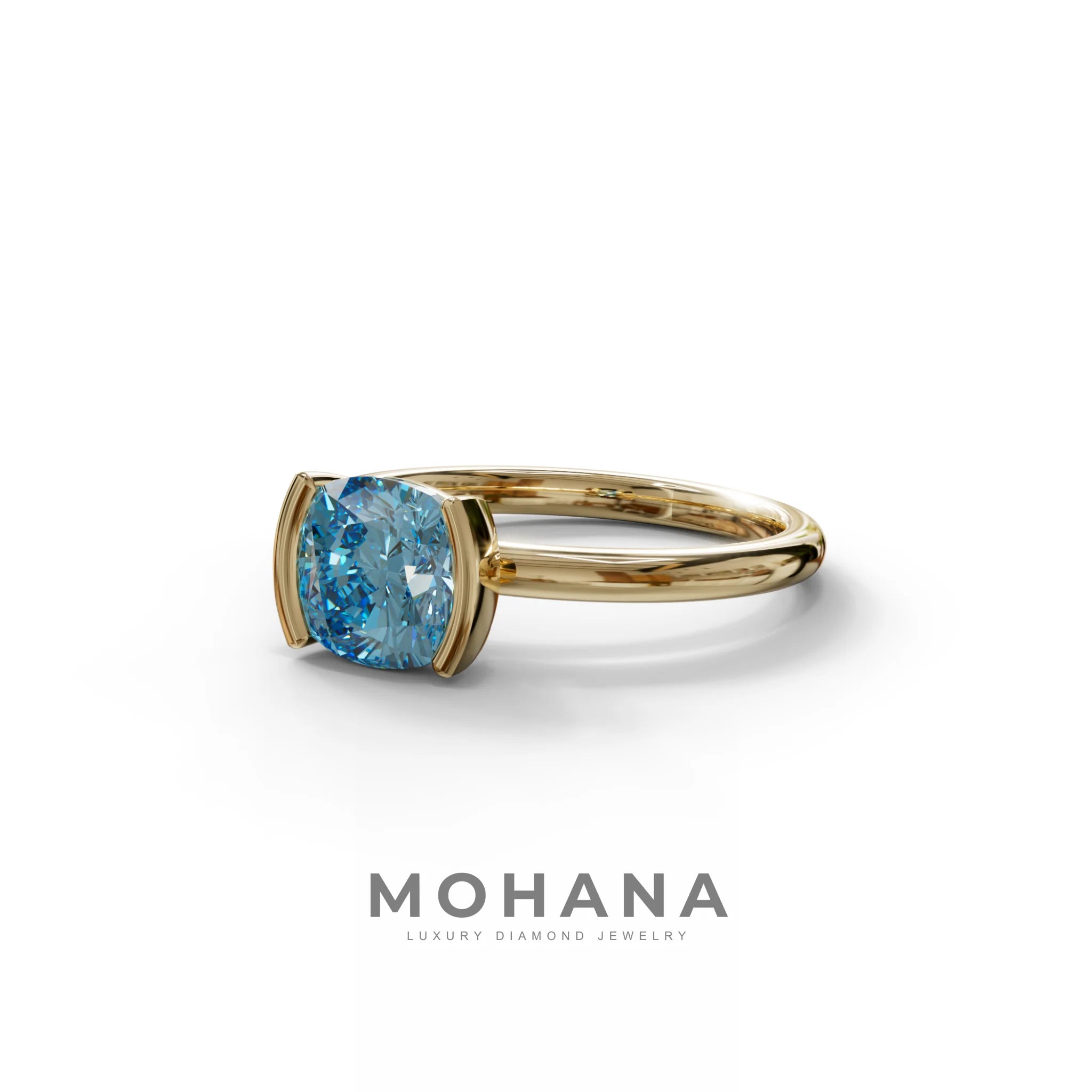 2 Carat Blue Cushion Diamond Ring - Half Bezel Set Ring - Remi