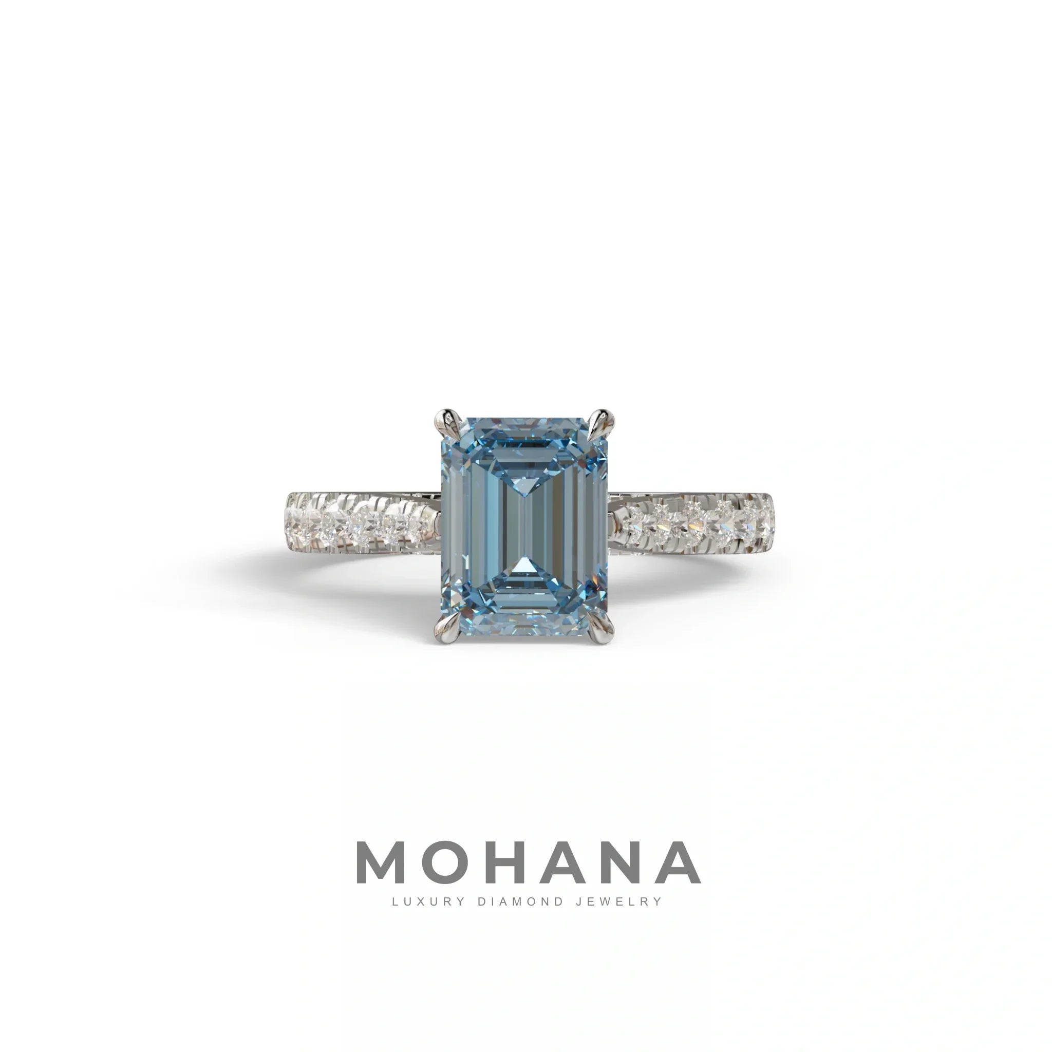 2 Carat Blue Emerald Cut Hidden Halo & Pave Lab Diamond Ring - Siara - 10K Solid Gold / White Gold