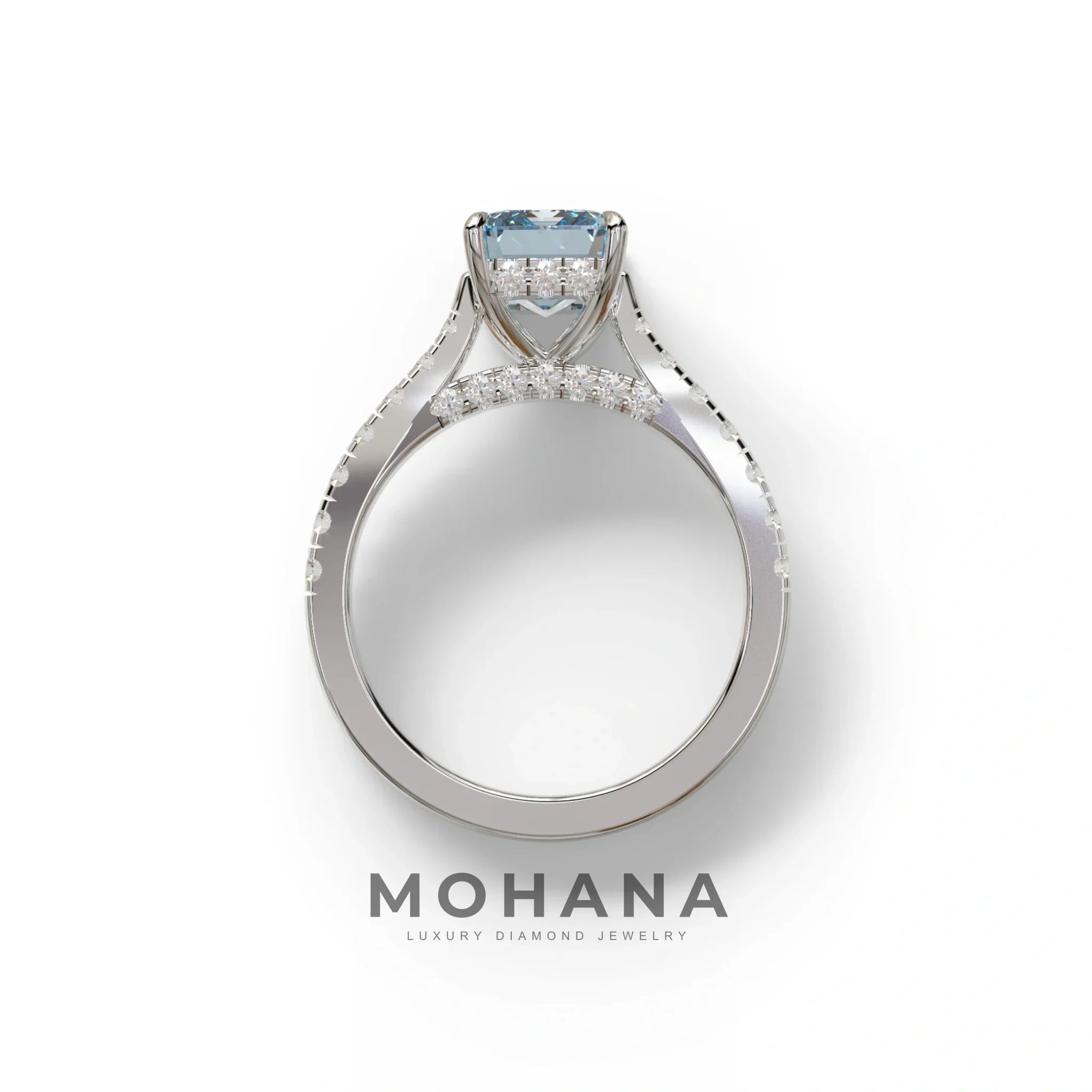 2 Carat Blue Emerald Cut Hidden Halo & Pave Lab Diamond Ring - Siara