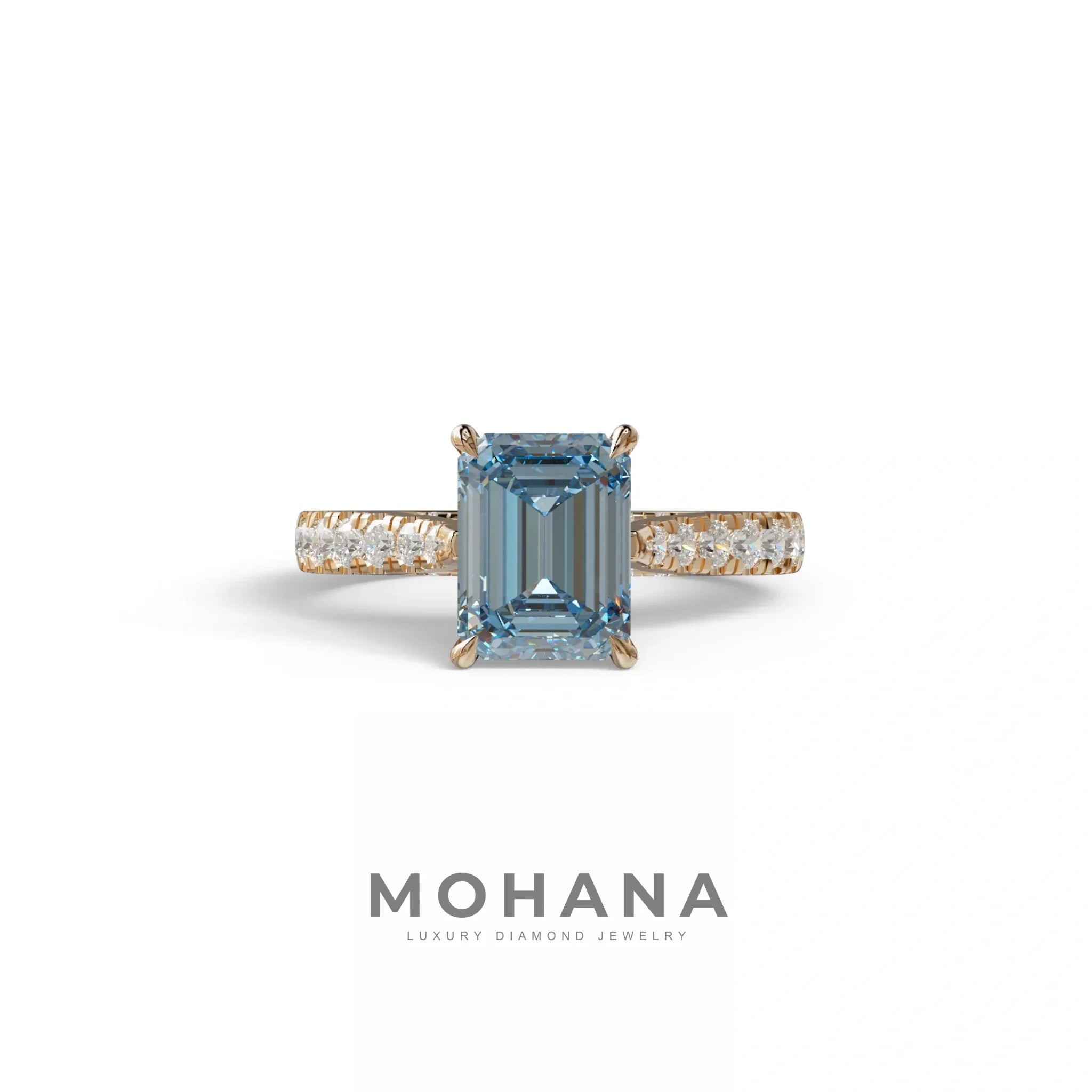 2 Carat Blue Emerald Cut Hidden Halo & Pave Lab Diamond Ring - Siara - 10K Solid Gold / Rose Gold