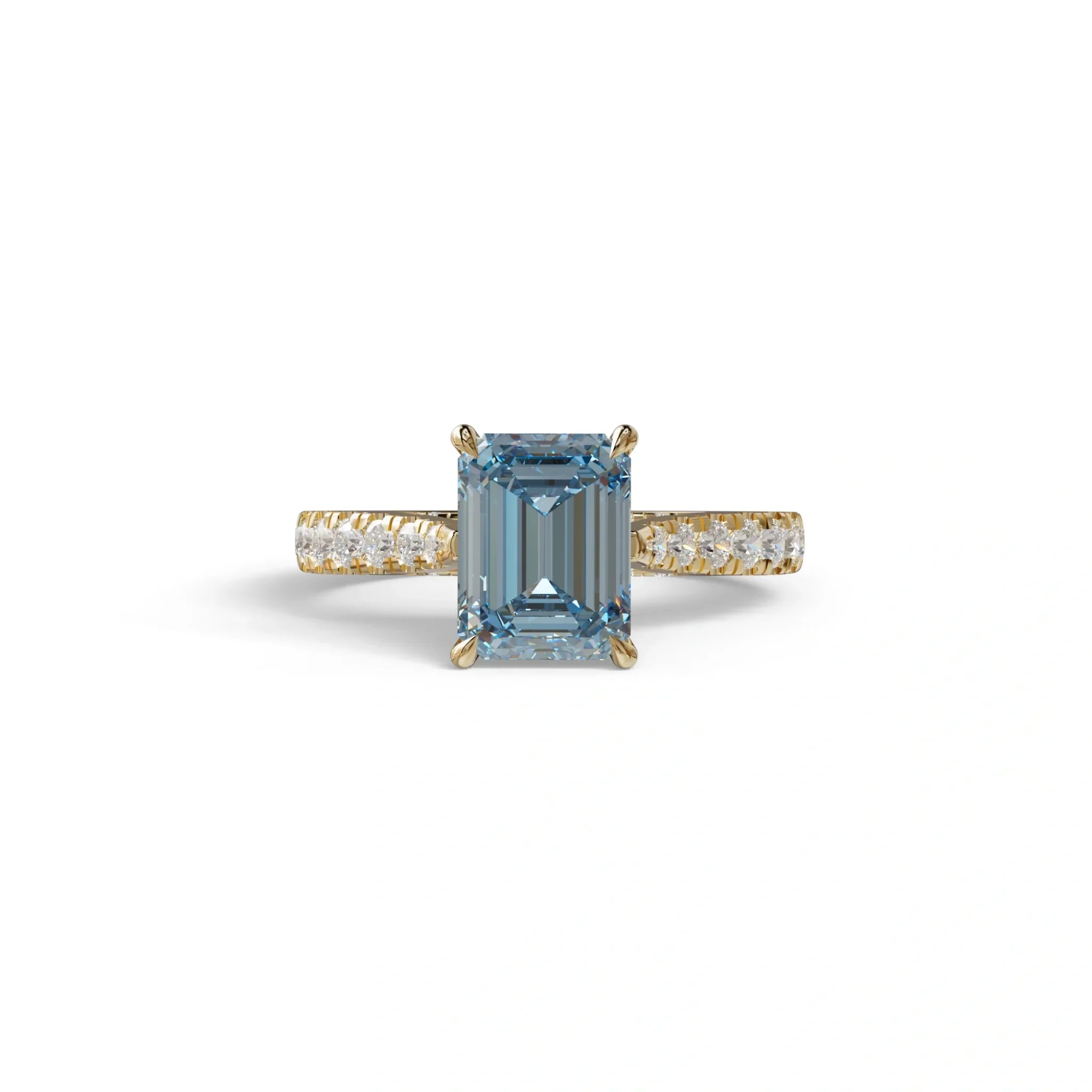 2 Carat Blue Emerald Cut Hidden Halo & Pave Lab Diamond Ring - Siara - 10K Solid Gold / Yellow Gold