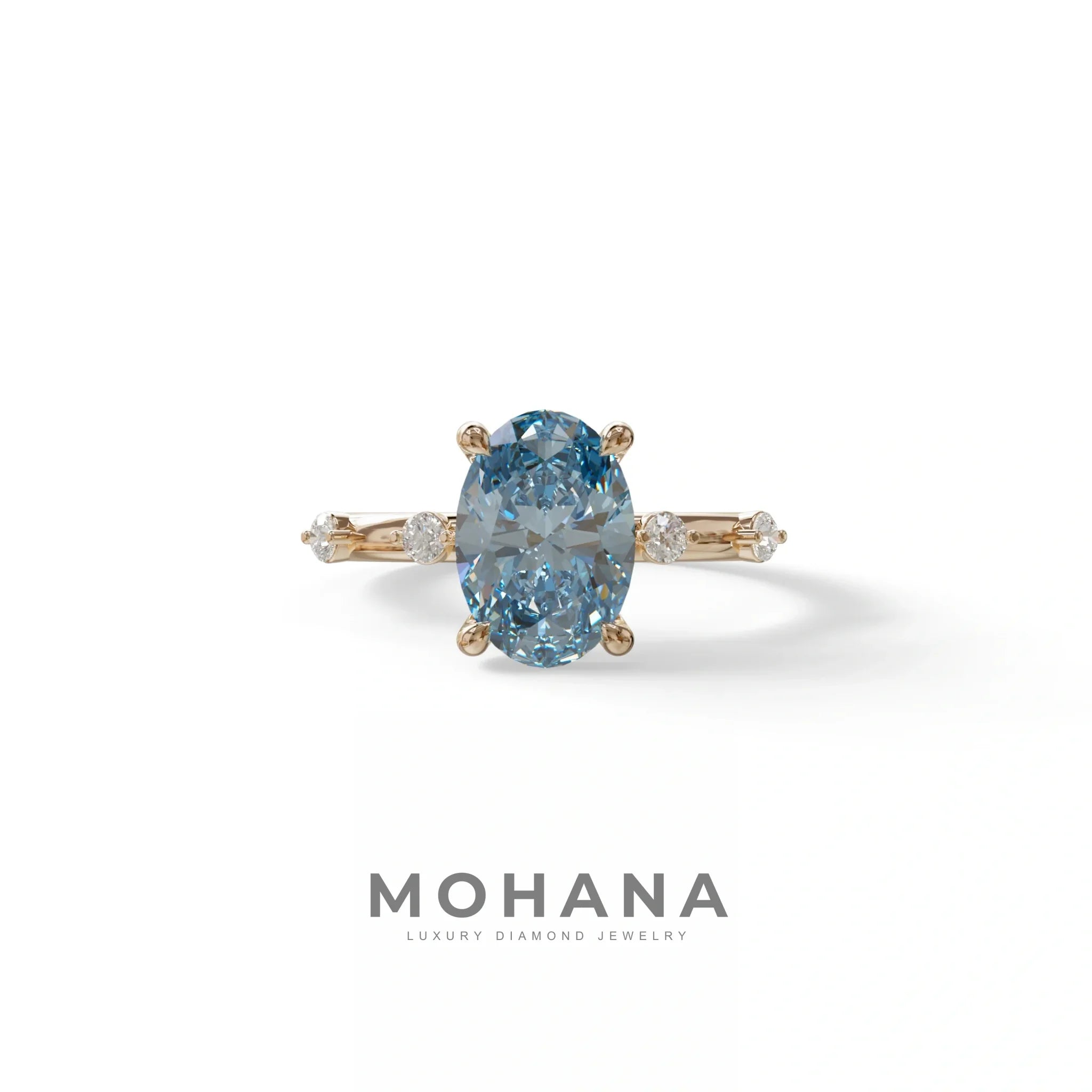 2 Ct Blue Oval Cut Lab Diamond In Space-Chanel Setting Ring - Celestial - 10K Solid Gold / Rose Gold