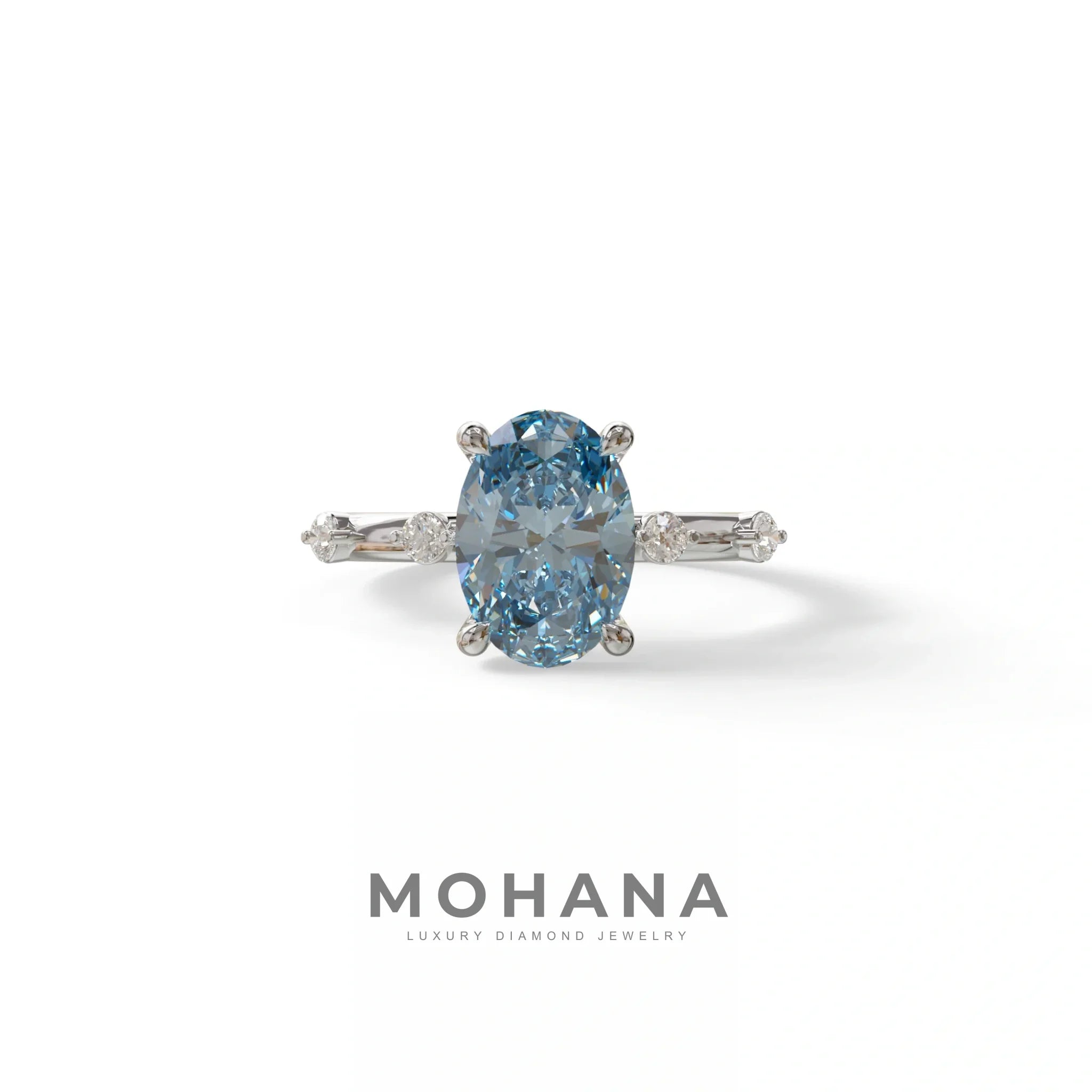 2 Ct Blue Oval Cut Lab Diamond In Space-Chanel Setting Ring - Celestial - 10K Solid Gold / White Gold