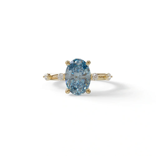 2 Ct Blue Oval Cut Lab Diamond In Space-Chanel Setting Ring - Celestial - 10K Solid Gold / Yellow Gold
