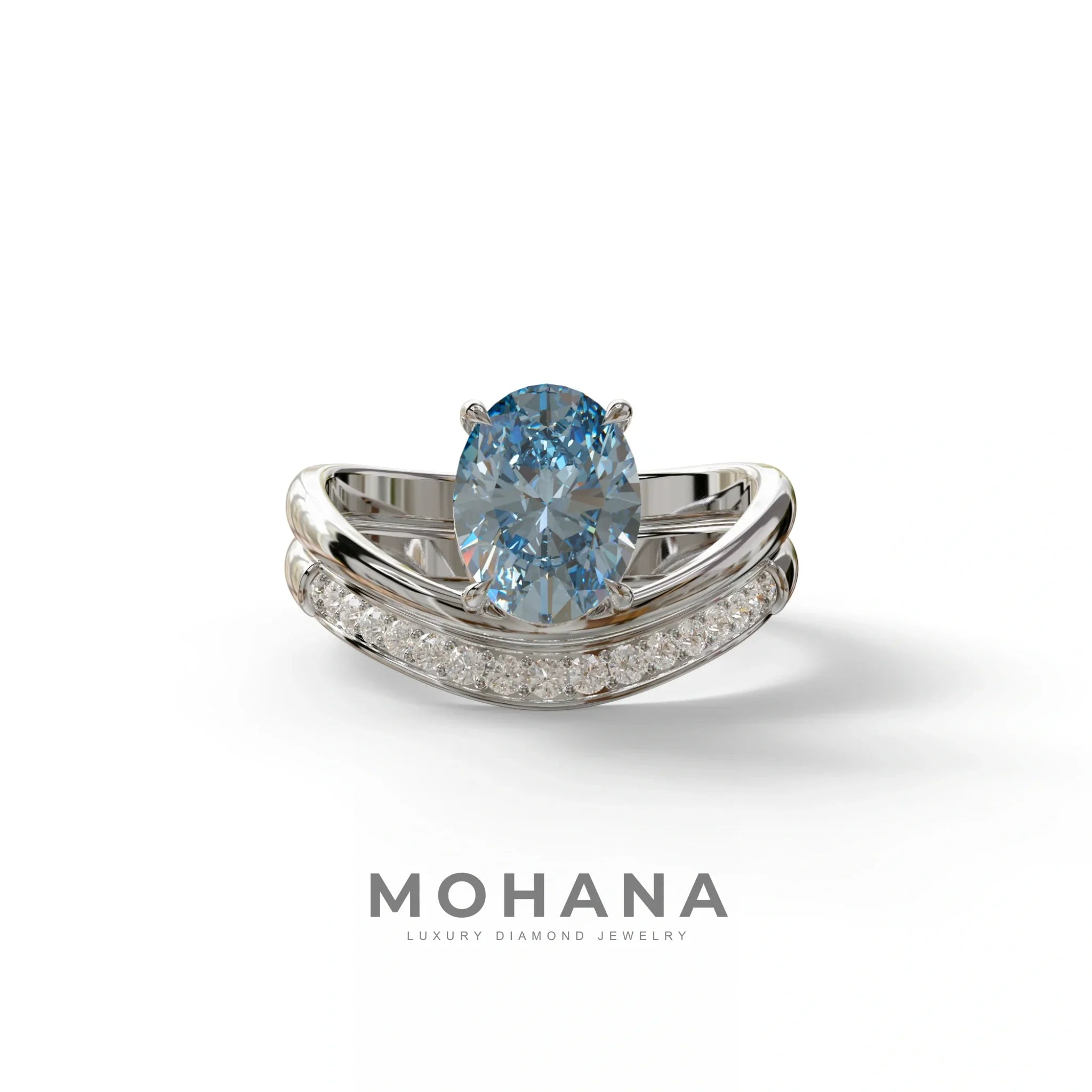 2 Carat Fancy Blue Oval Cut Lab Grown Diamond Ring | Curve Setting - Brilliance - 10K Solid Gold / White Gold