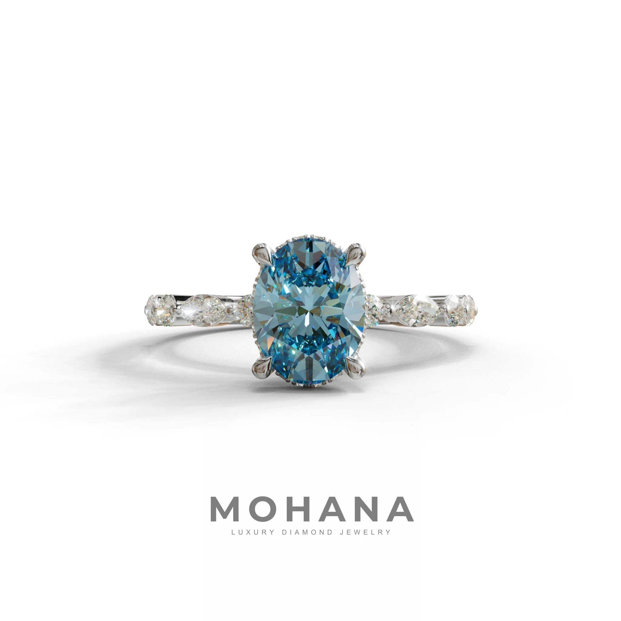 2 Carat Blue Oval Cut Hidden Halo & Pave Lab Diamond Ring - Laina - 10K Solid Gold / White Gold