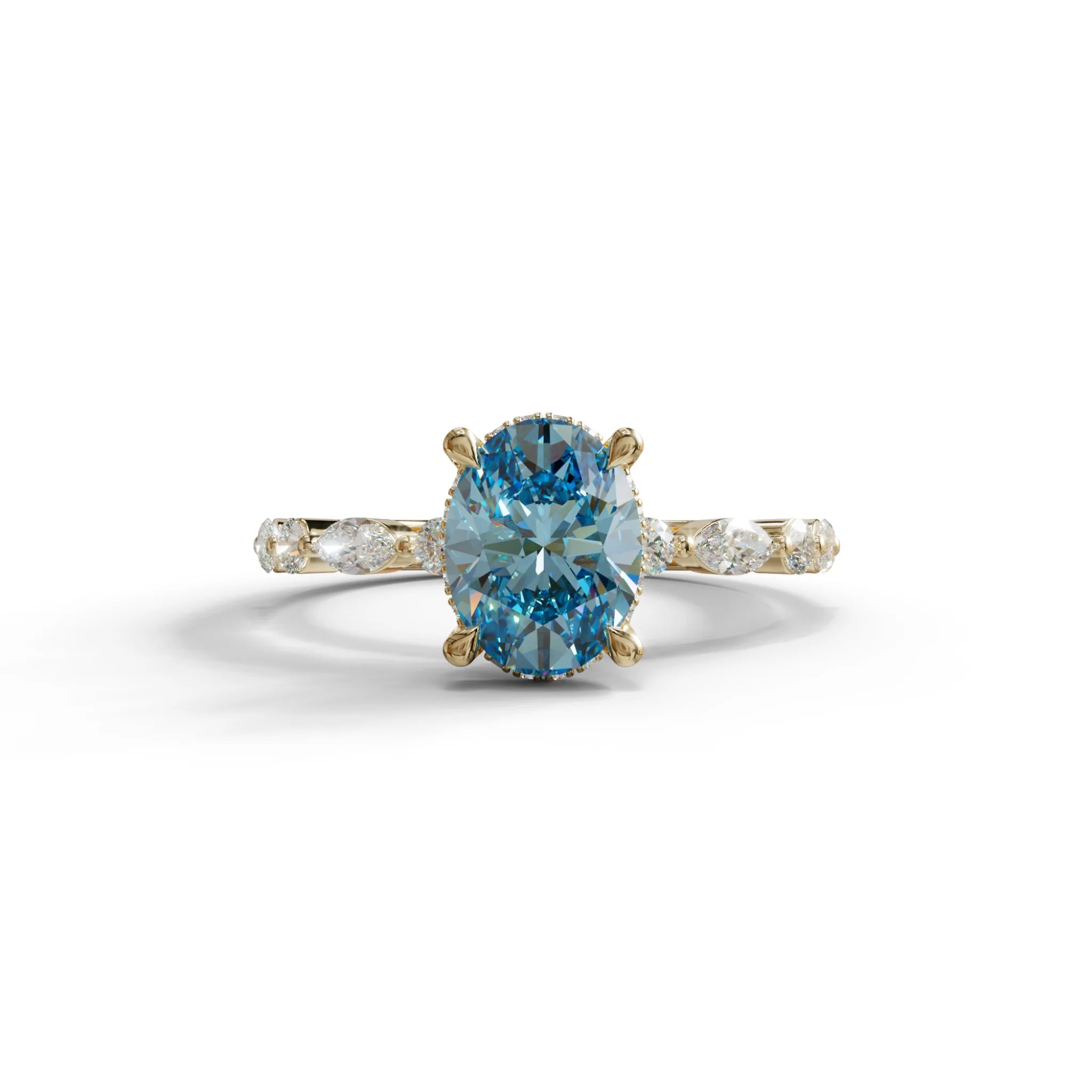 2 Carat Blue Oval Cut Hidden Halo & Pave Lab Diamond Ring - Laina - 10K Solid Gold / Yellow Gold