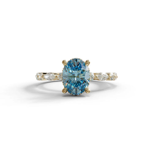2 Carat Blue Oval Cut Hidden Halo & Pave Lab Diamond Ring - Laina - 10K Solid Gold / Yellow Gold