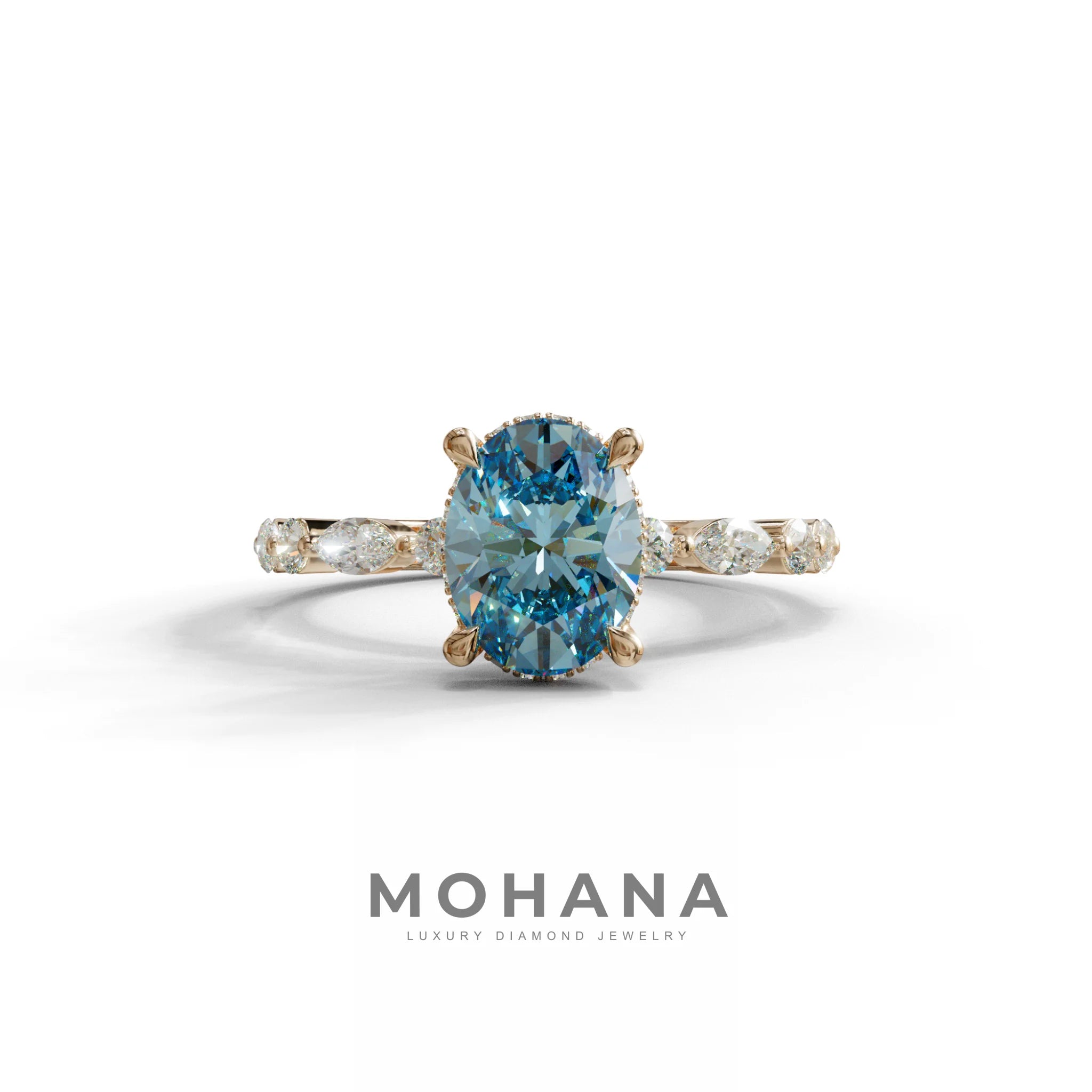 2 Carat Blue Oval Cut Hidden Halo & Pave Lab Diamond Ring - Laina - 10K Solid Gold / Rose Gold