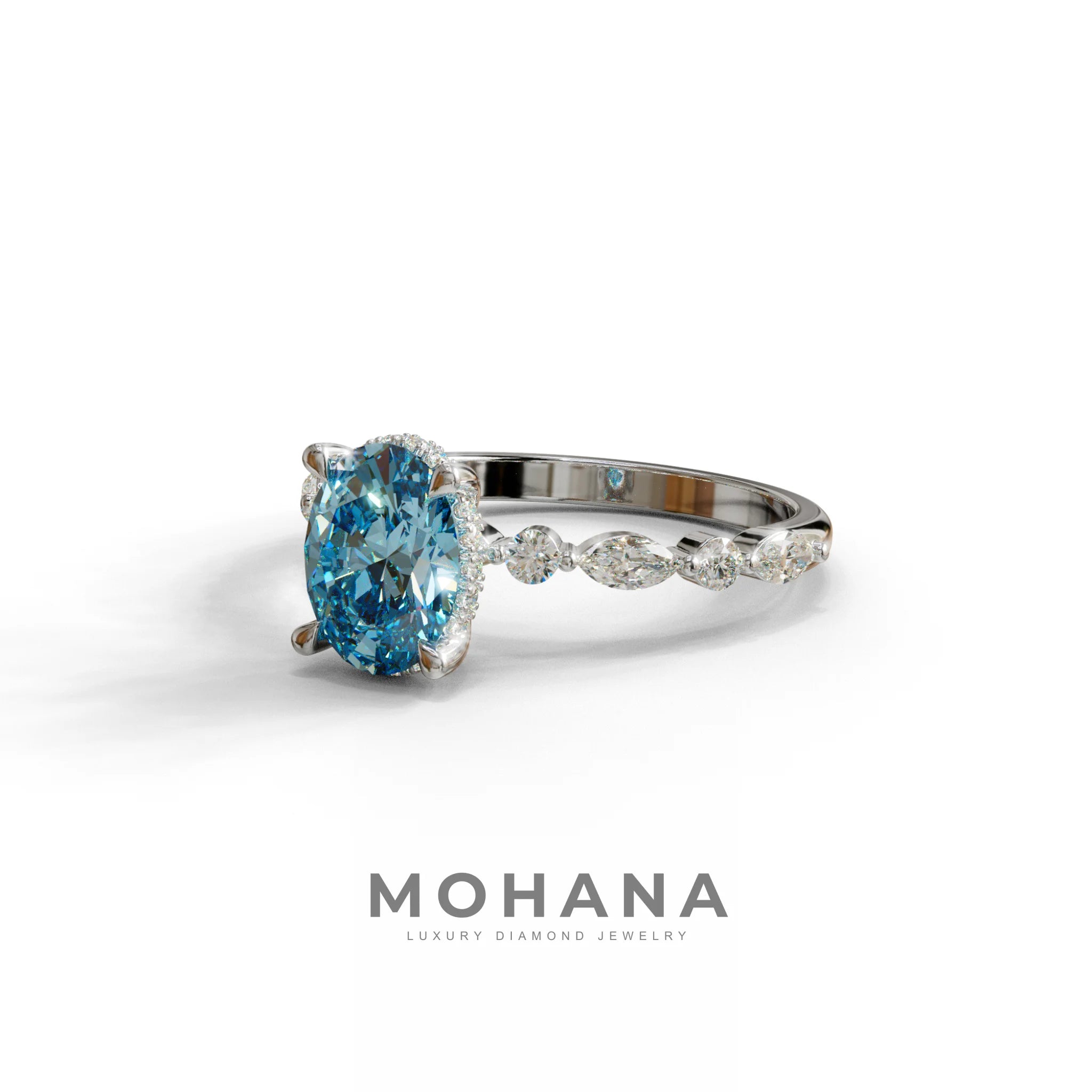 2 Carat Blue Oval Cut Hidden Halo & Pave Lab Diamond Ring - Laina