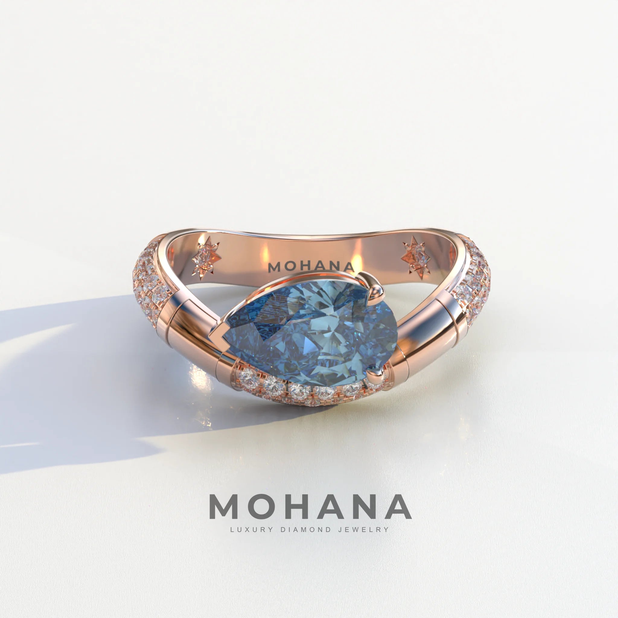 2 Carat East-West Fancy Vivid Blue Pear Cut Lab Diamond Engagement Ring - J’Lure - 10K Solid Gold / Rose Gold