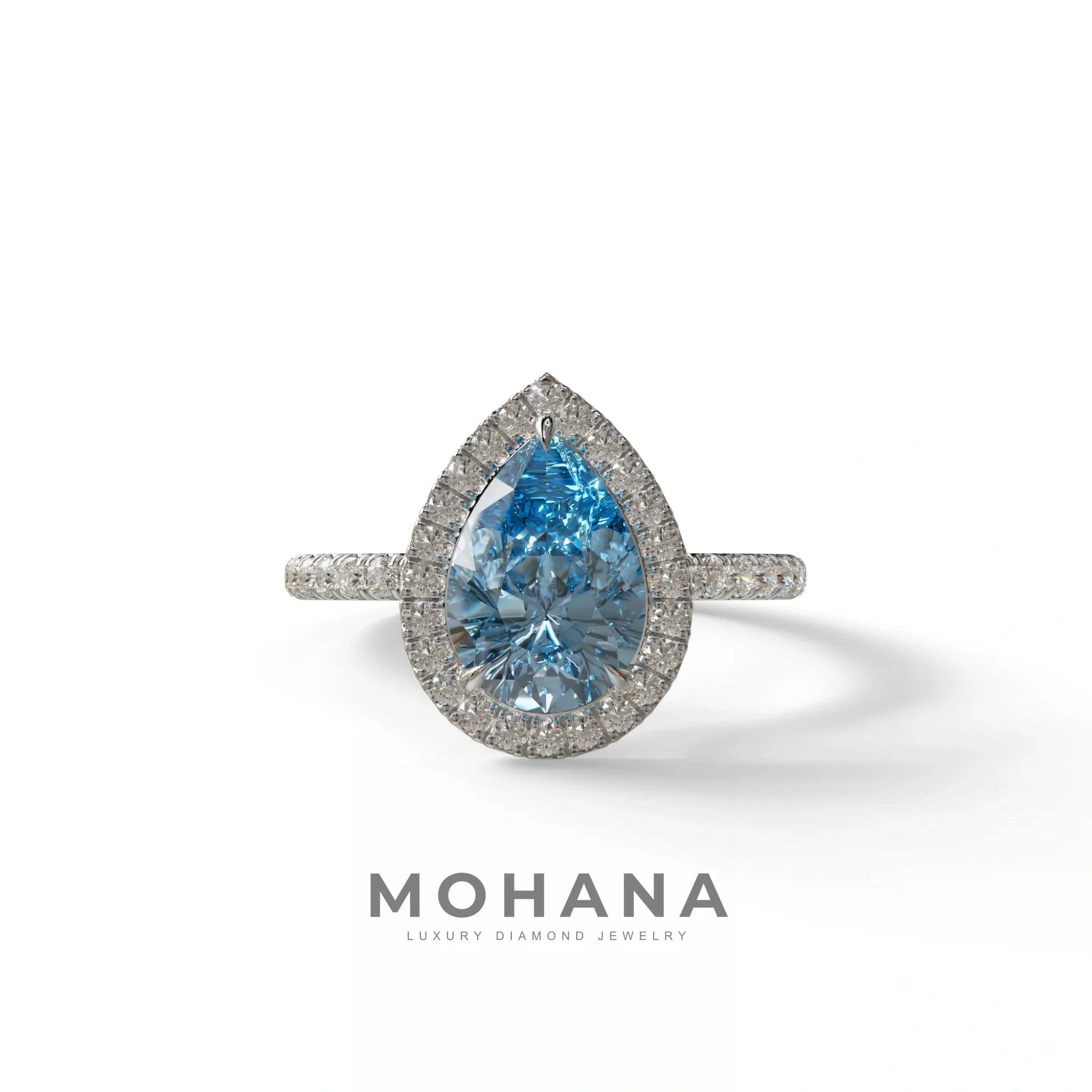 2 Carat Blue Pear Cut Halo & Pave Lab Diamond Ring - Glam Deck - 10K Solid Gold / White Gold