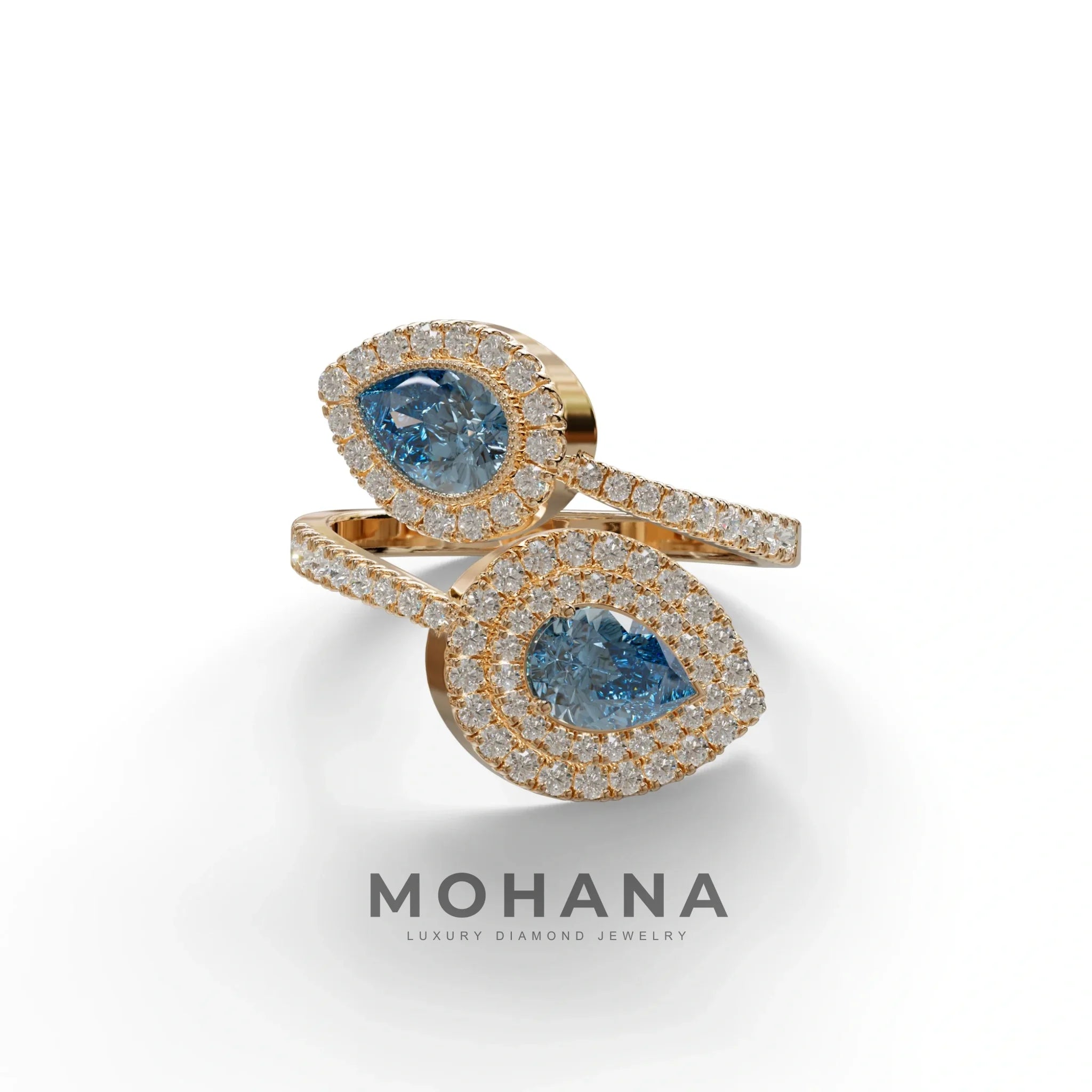 2 Carat Blue Pear Cut Halo & Pave Lab Grown Diamond Ring - Ahurissant - 10K Solid Gold / Rose Gold