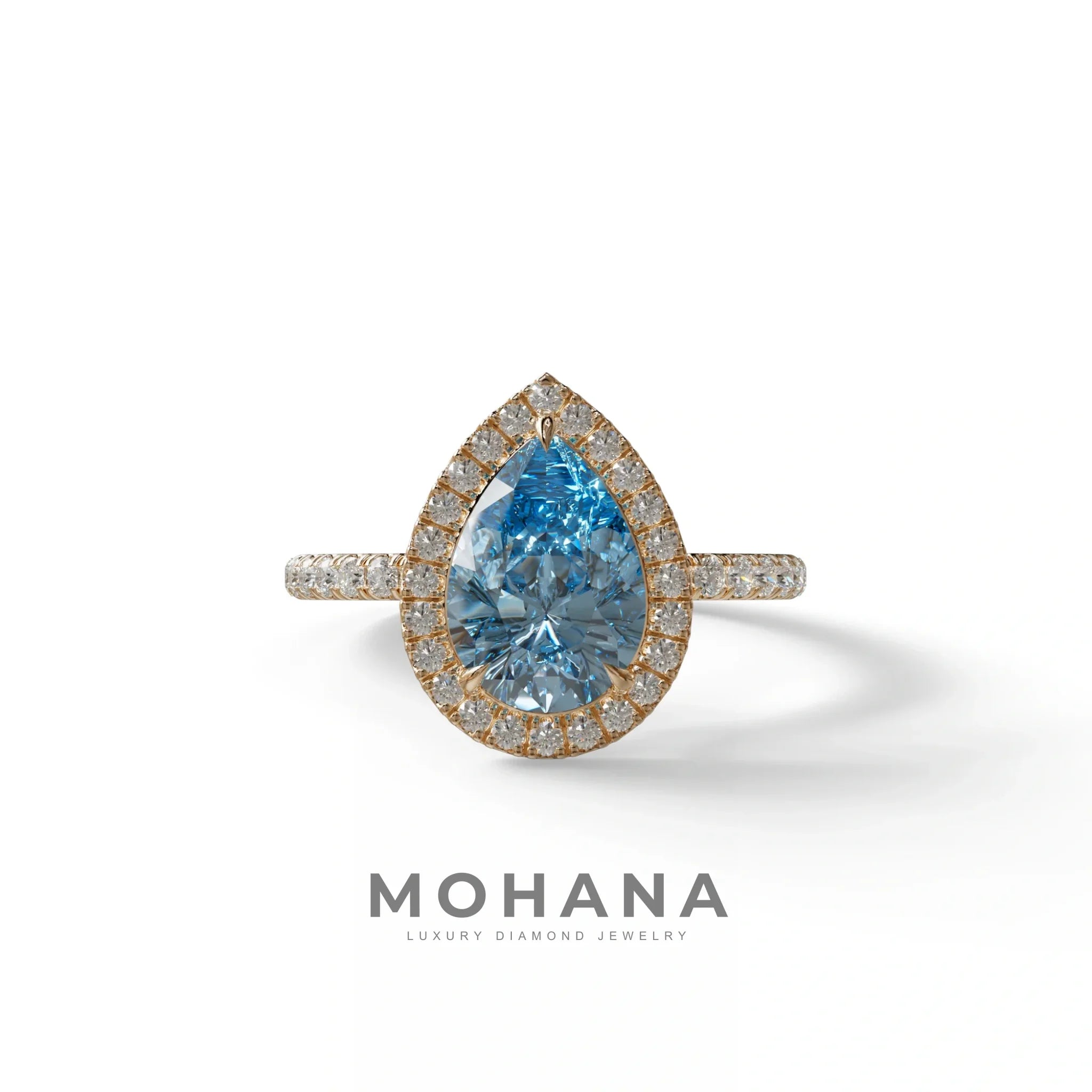 2 Carat Blue Pear Cut Halo & Pave Lab Diamond Ring - Glam Deck - 10K Solid Gold / Rose Gold