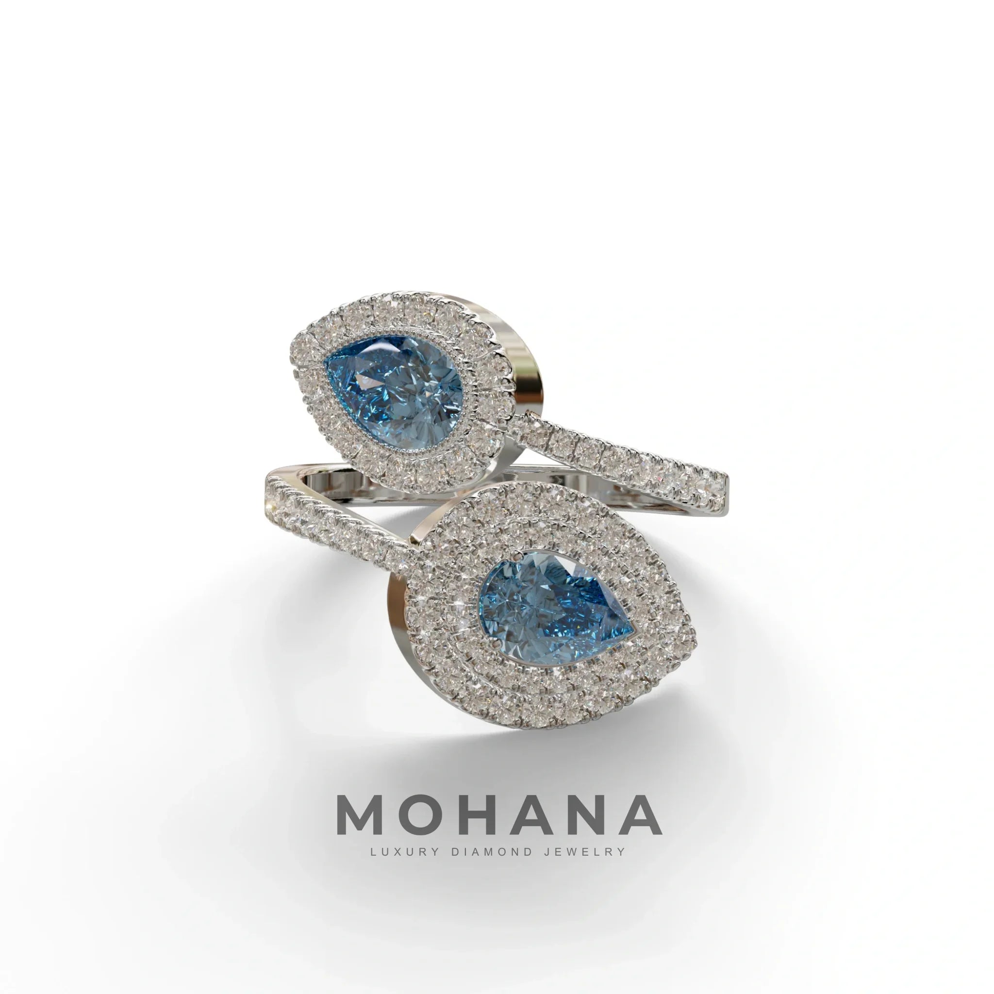2 Carat Blue Pear Cut Halo & Pave Lab Grown Diamond Ring - Ahurissant - 10K Solid Gold / White Gold