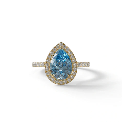 2 Carat Blue Pear Cut Halo & Pave Lab Diamond Ring - Glam Deck - 10K Solid Gold / Yellow Gold