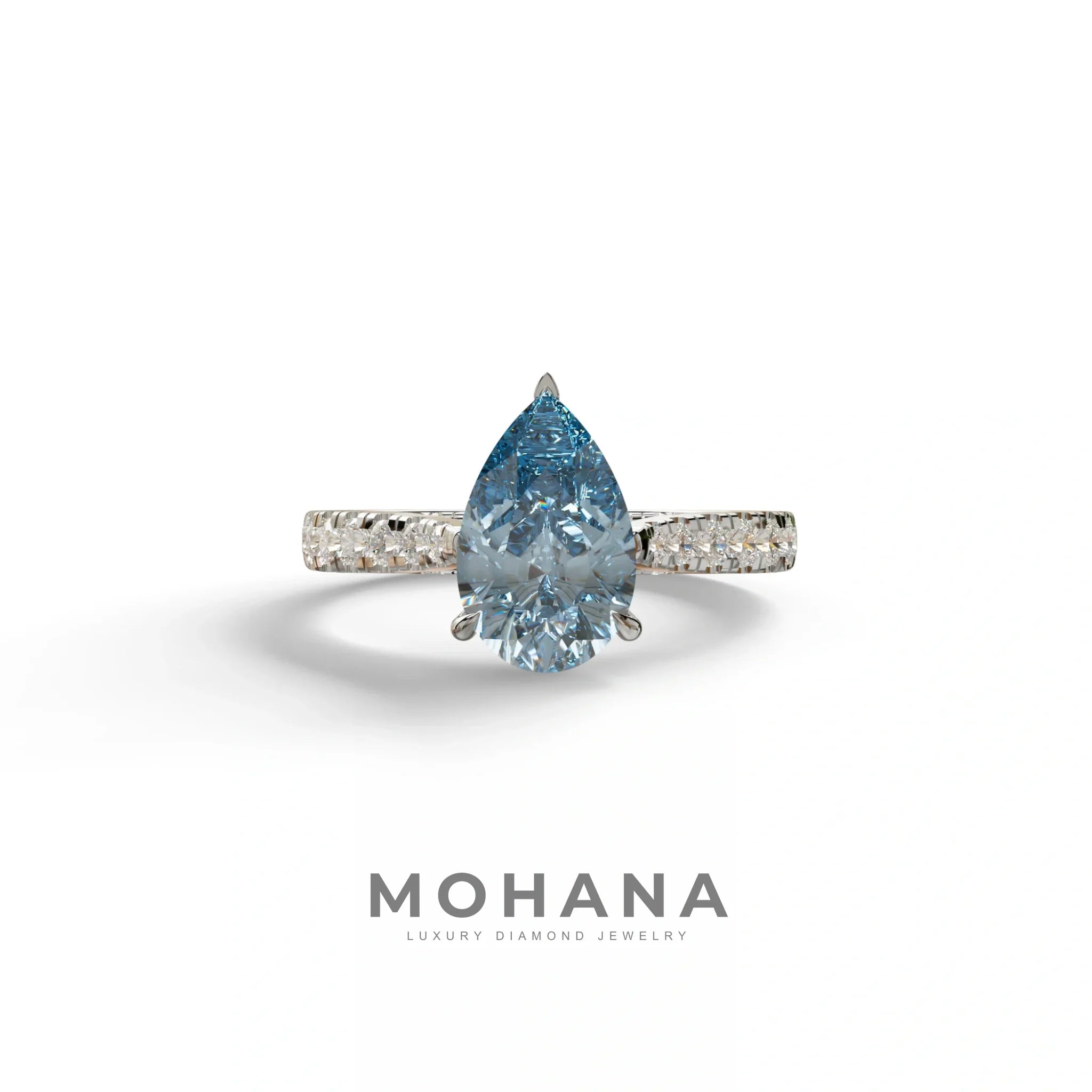 2 Carat Blue Pear Shaped Hidden Halo Lab Diamond Engagement Ring - Teardrop - 10K Solid Gold / White Gold