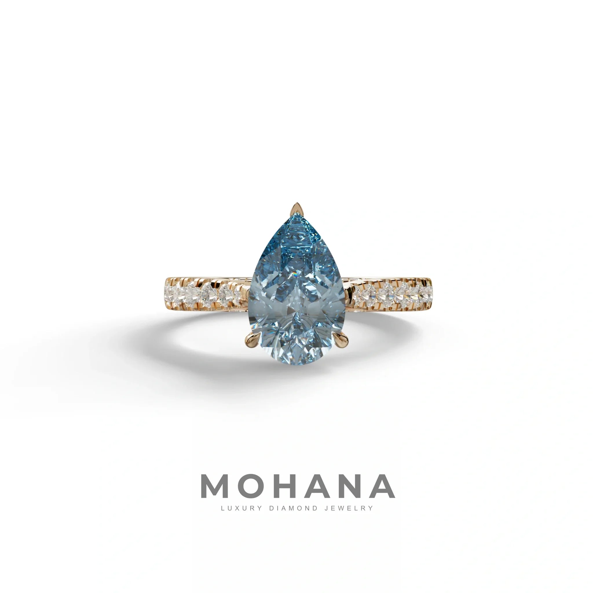 2 Carat Blue Pear Shaped Hidden Halo Lab Diamond Engagement Ring - Teardrop - 10K Solid Gold / Rose Gold