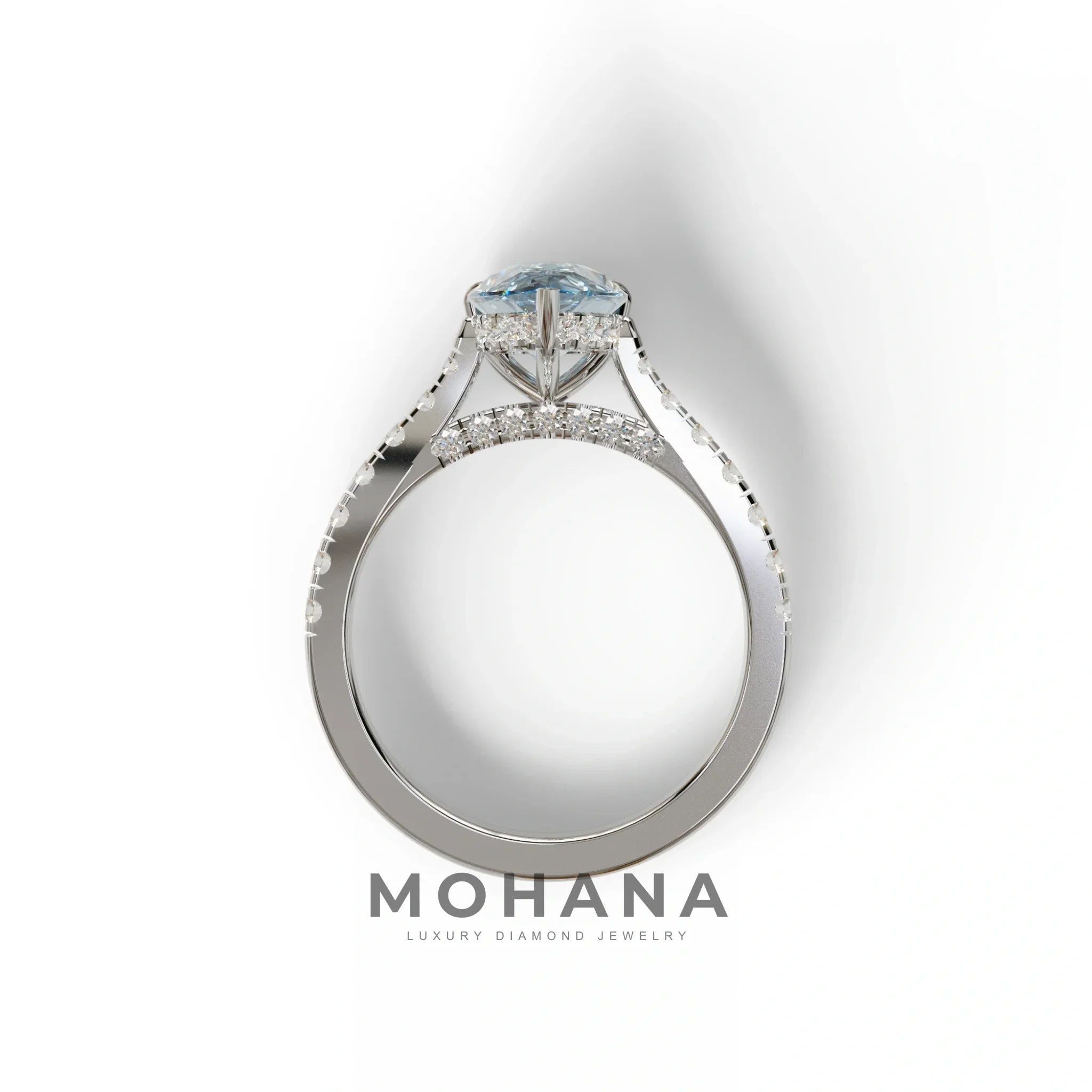 2 Carat Blue Pear Shaped Hidden Halo Lab Diamond Engagement Ring - Teardrop