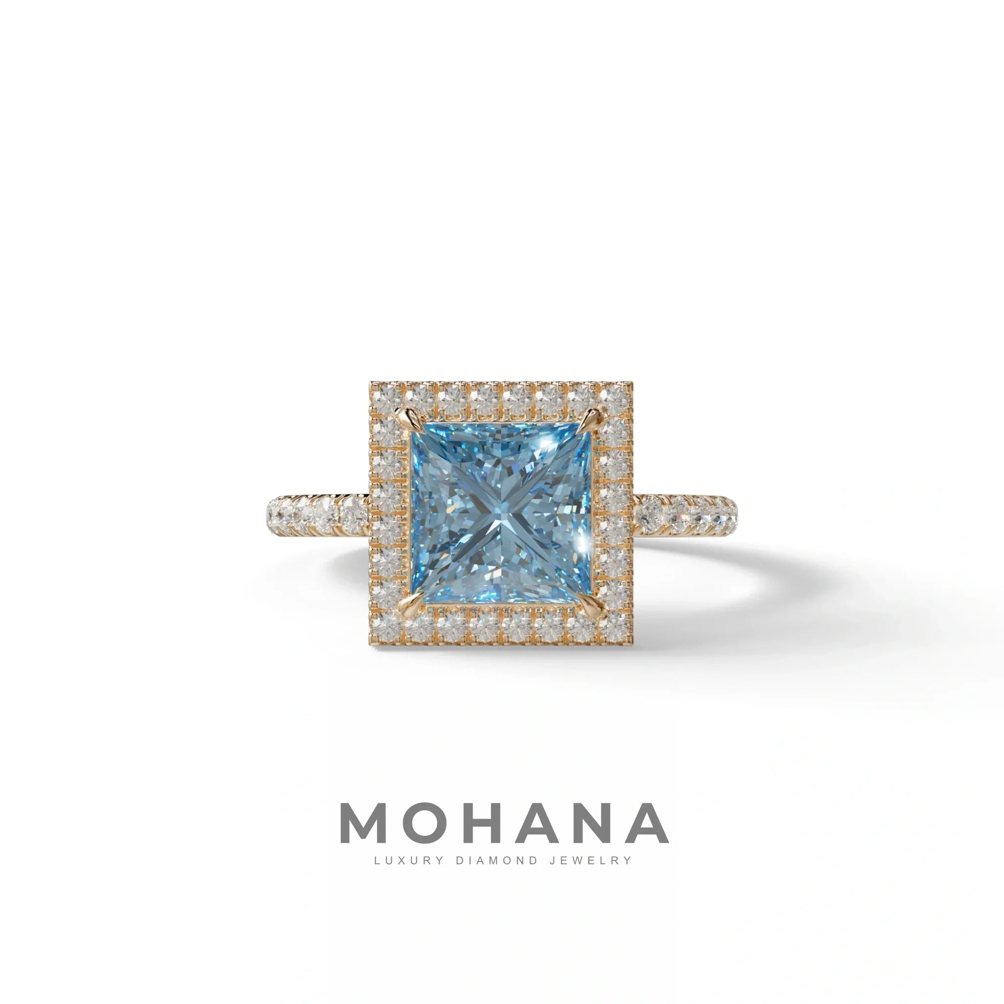2 Carat Blue Princess Cut Halo & Pave Lab Diamond Ring - Diamond Prime - 10K Solid Gold / Rose Gold
