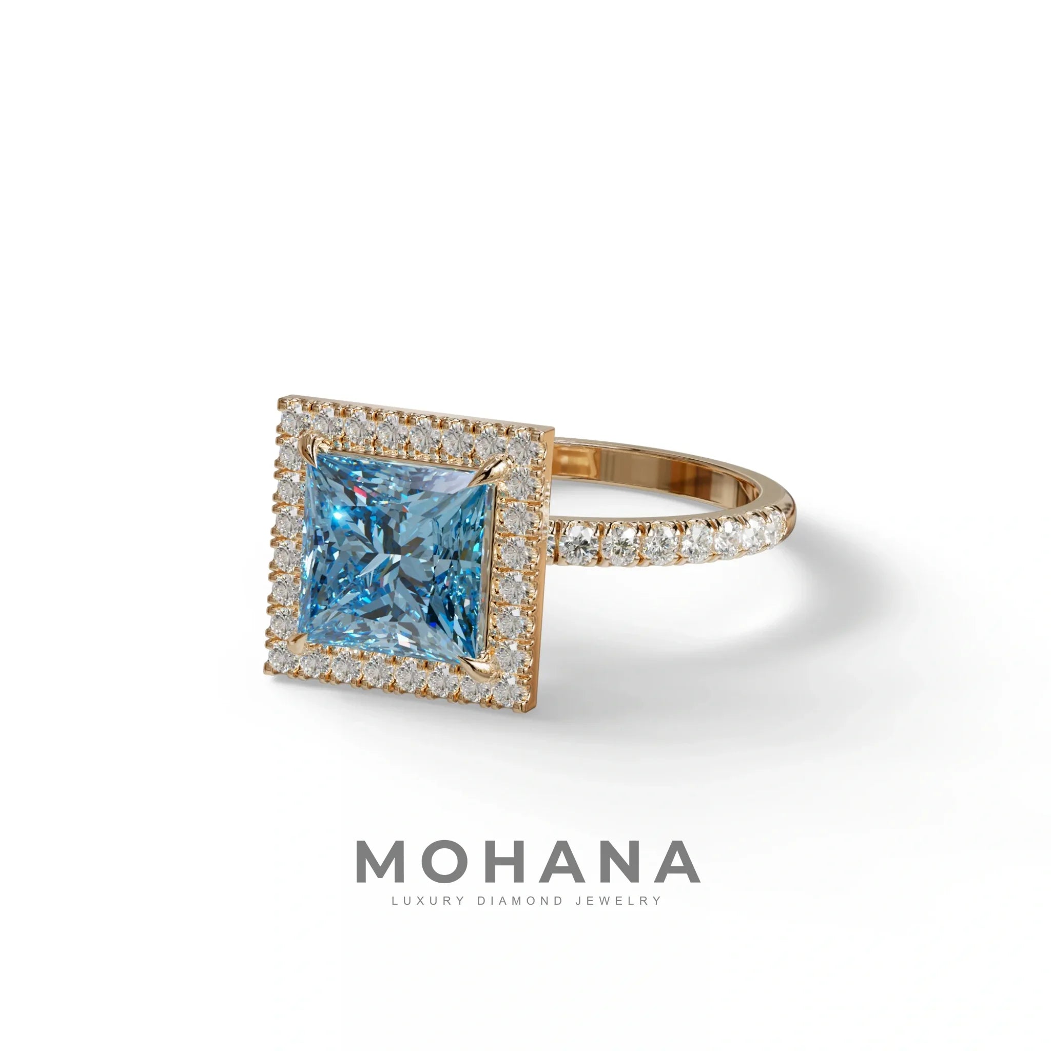 2 Carat Blue Princess Cut Halo & Pave Lab Diamond Ring - Diamond Prime
