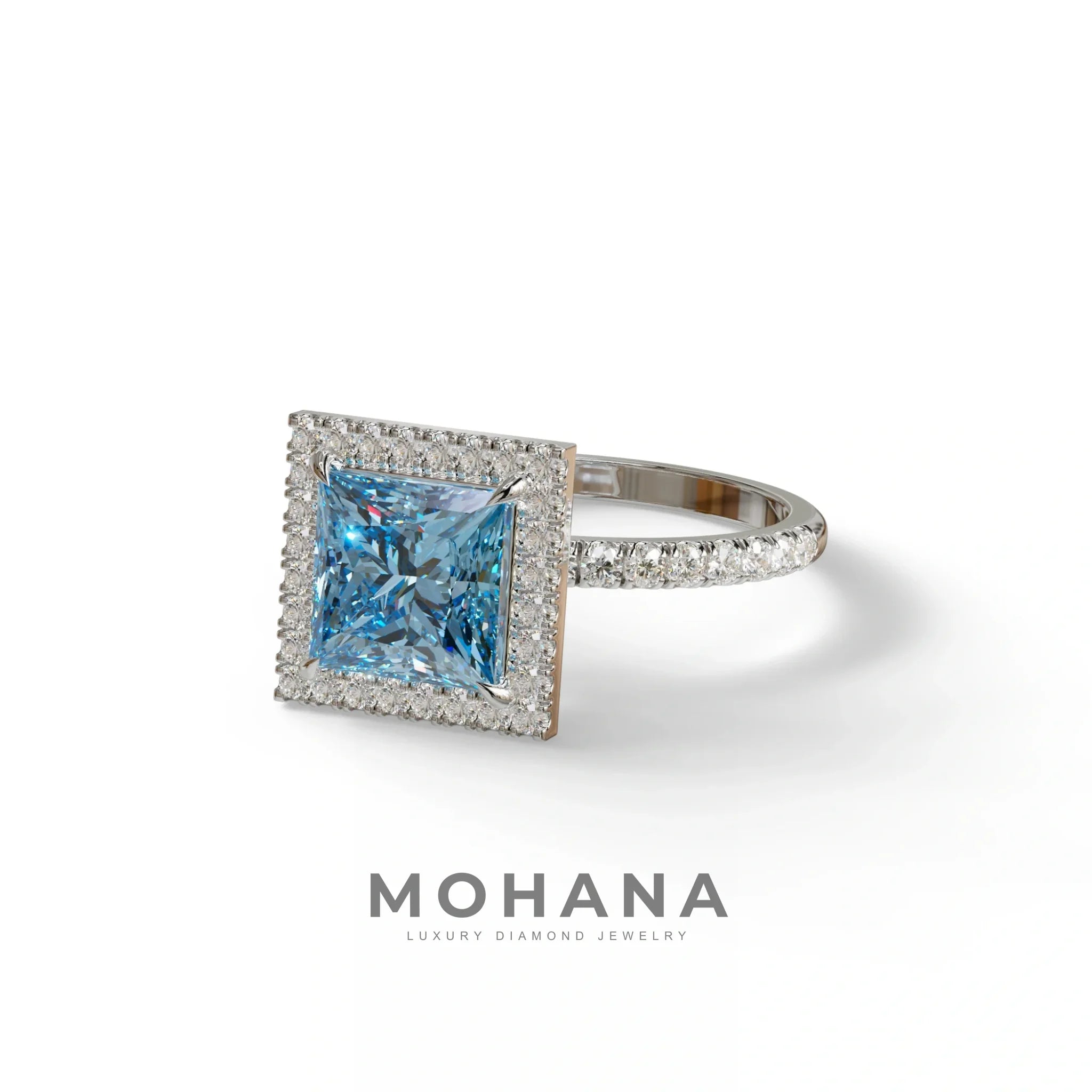 2 Carat Blue Princess Cut Halo & Pave Lab Diamond Ring - Diamond Prime