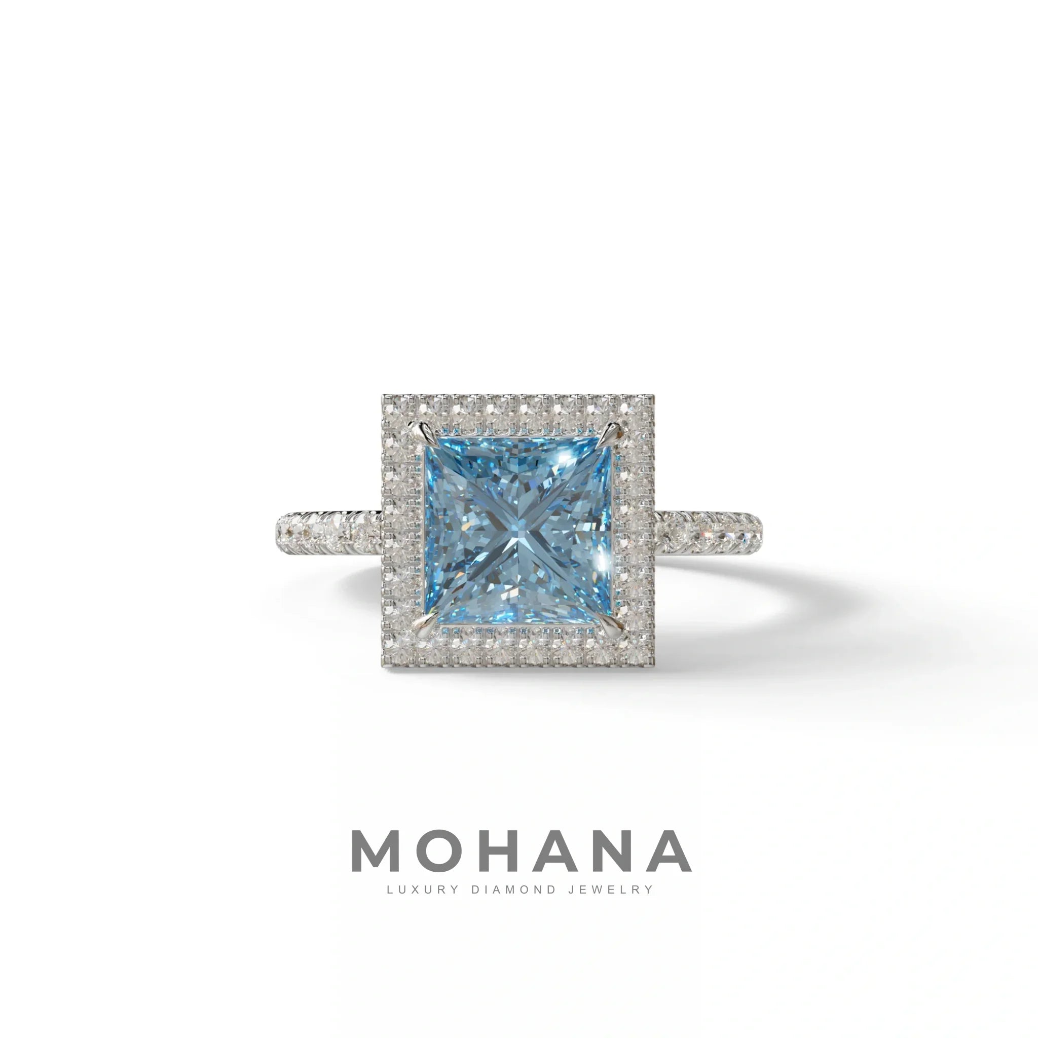 2 Carat Blue Princess Cut Halo & Pave Lab Diamond Ring - Diamond Prime - 10K Solid Gold / White Gold