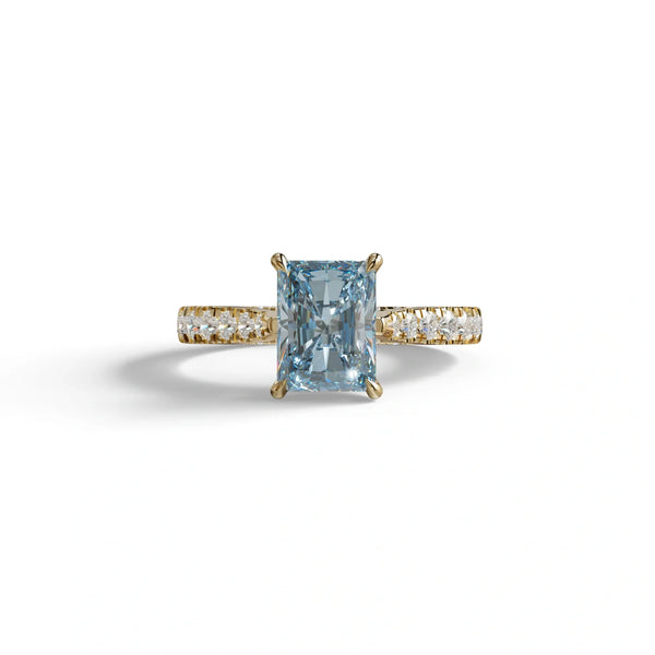2 Carat Blue Lab Grown Diamond Engagement Ring – Radiant Cut Halo & Pavé
