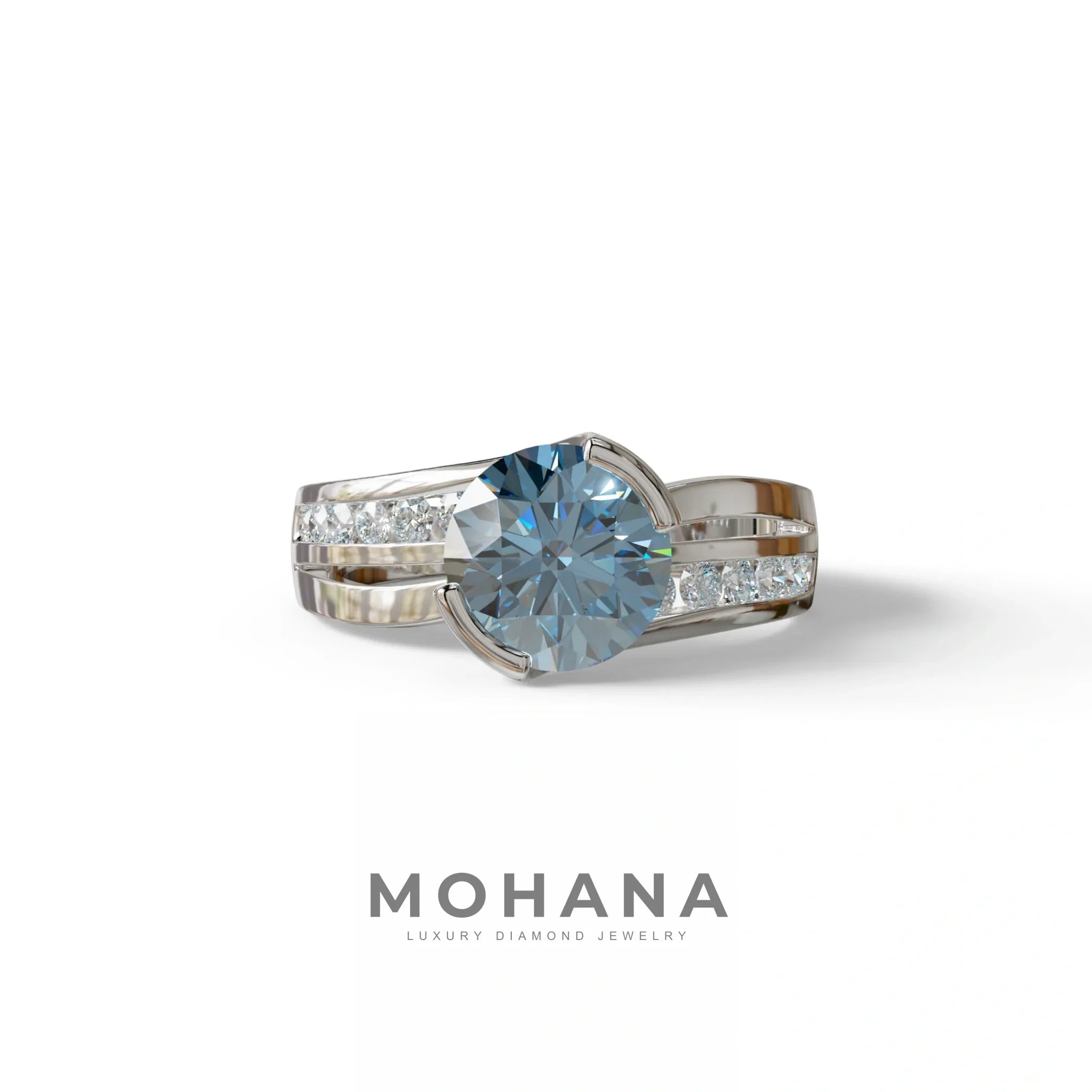 2 Carat Blue Round Shaped Channel Set Lab Diamond Engagement Ring - Avonlea - 10K Solid Gold / White Gold