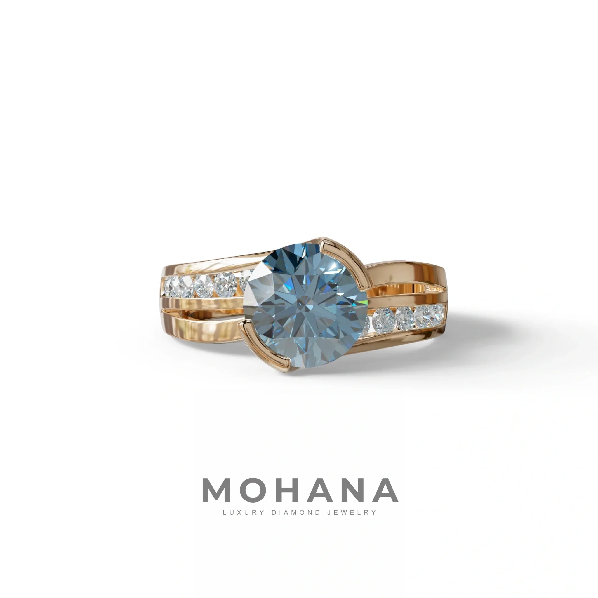 2 Carat Blue Round Shaped Channel Set Lab Diamond Engagement Ring - Avonlea - 10K Solid Gold / Rose Gold