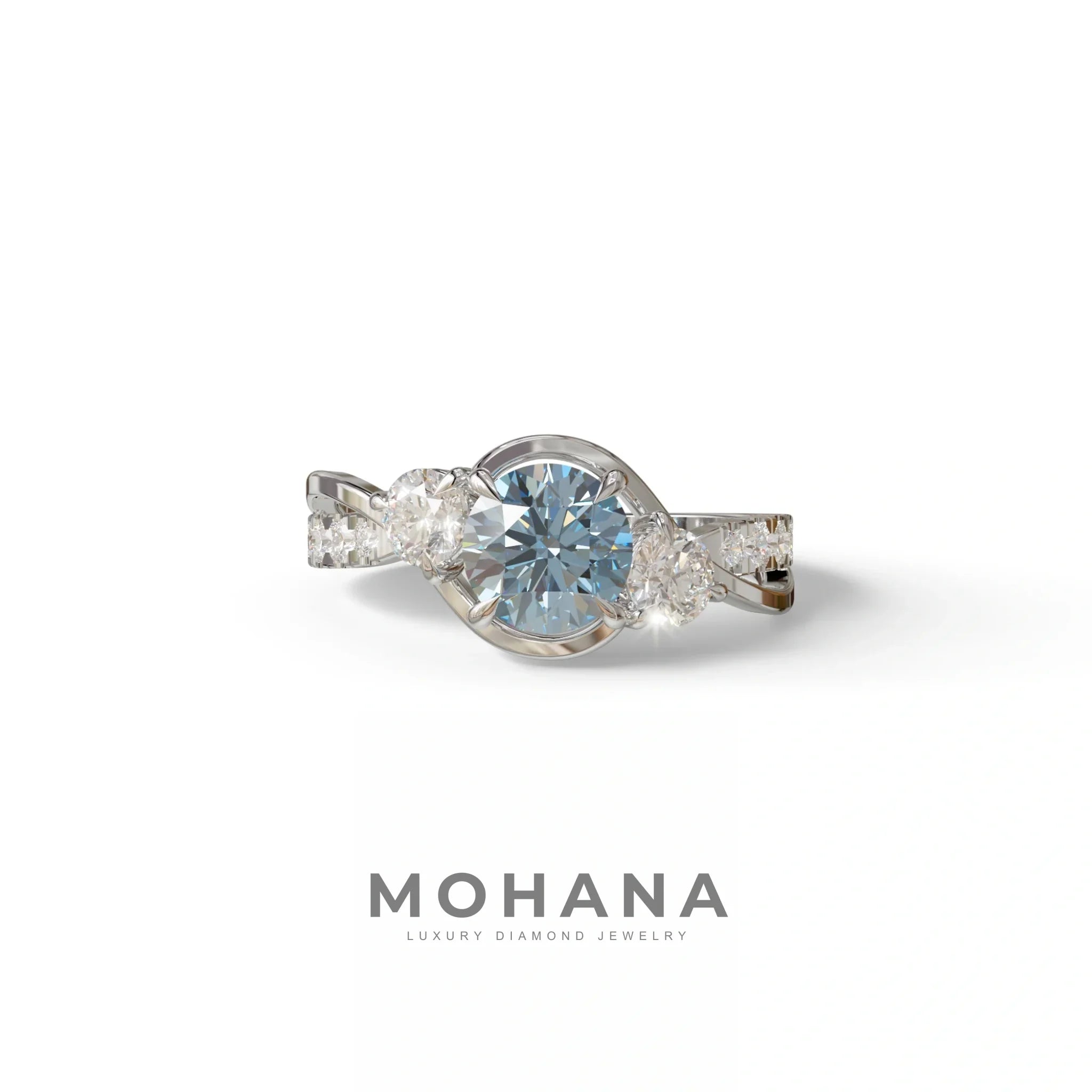 2 Carat Blue Lab Grown Diamond Round Engagement Ring - Giverny - 10K Solid Gold / White Gold