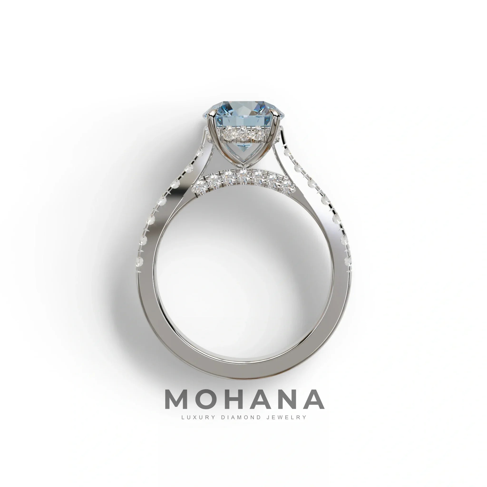 2 Carat Round Cut Blue Lab Grown Diamond Engagement Ring | Hidden Halo & Pave - Brilliant
